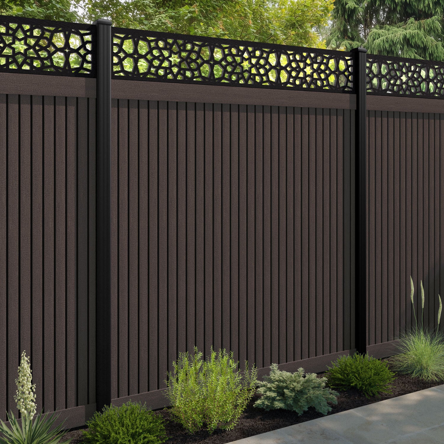 Virtis Nazira Fence Panel - Mid Brown - with our aluminium posts