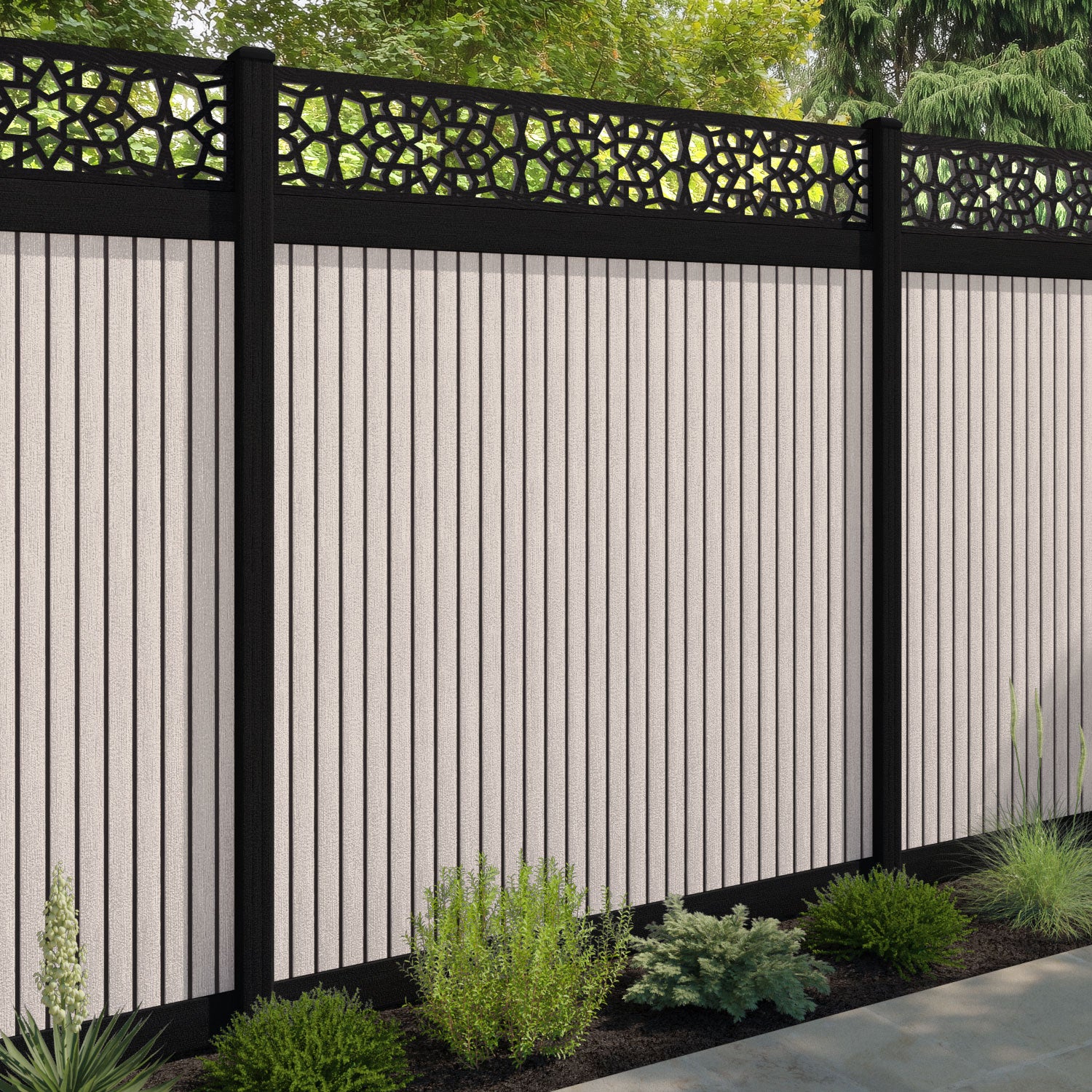 Virtis Nazira Fence Panel - Mid Stone - with our aluminium posts