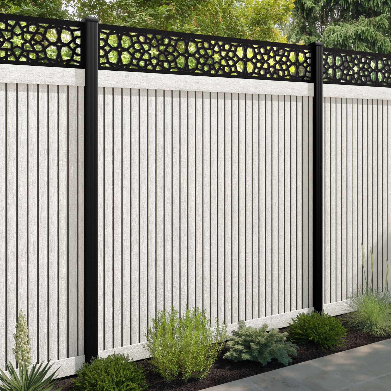 Virtis Nazira Fence Panel - Light Stone - with our aluminium posts