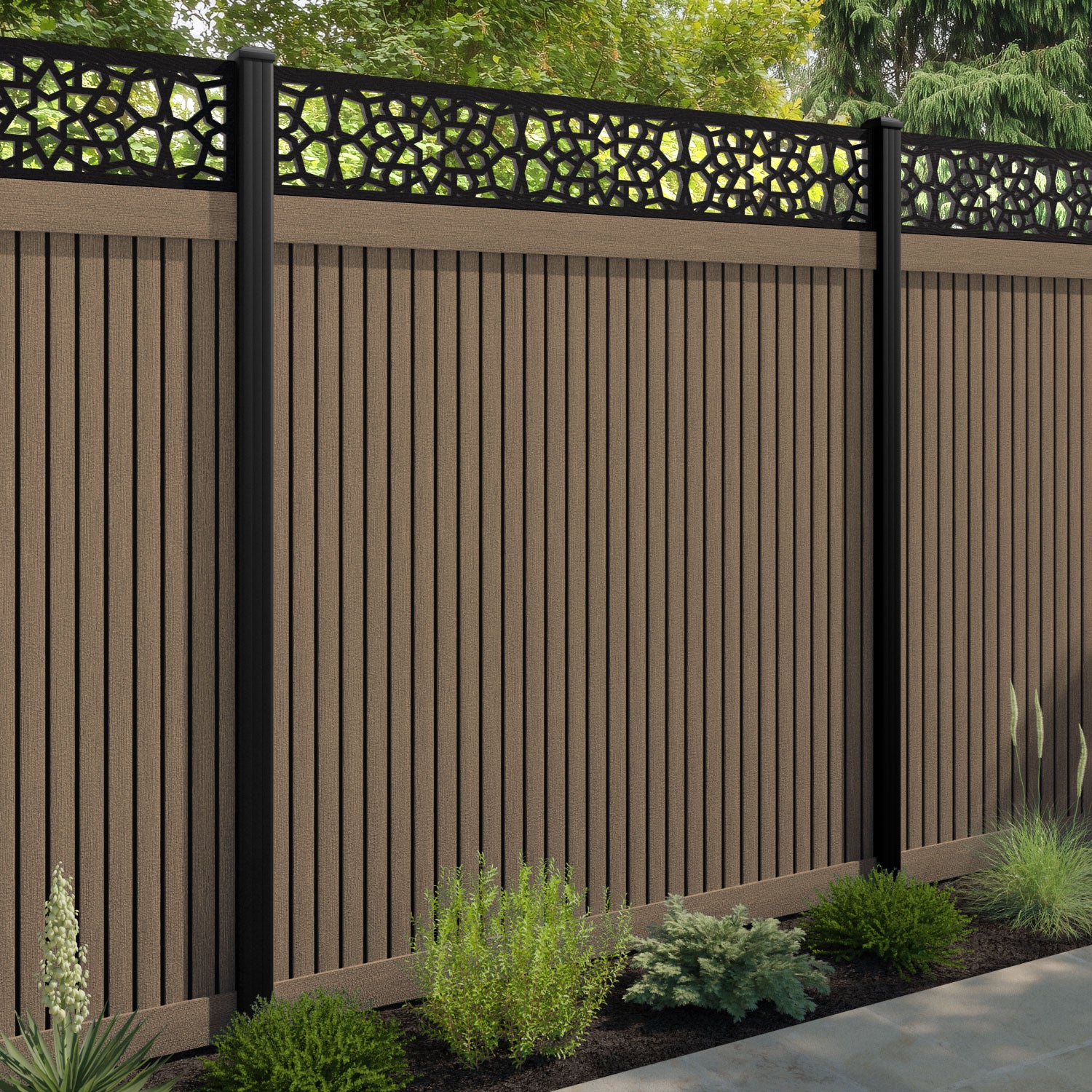 Virtis Nazira Fence Panel - Teak - with our aluminium posts