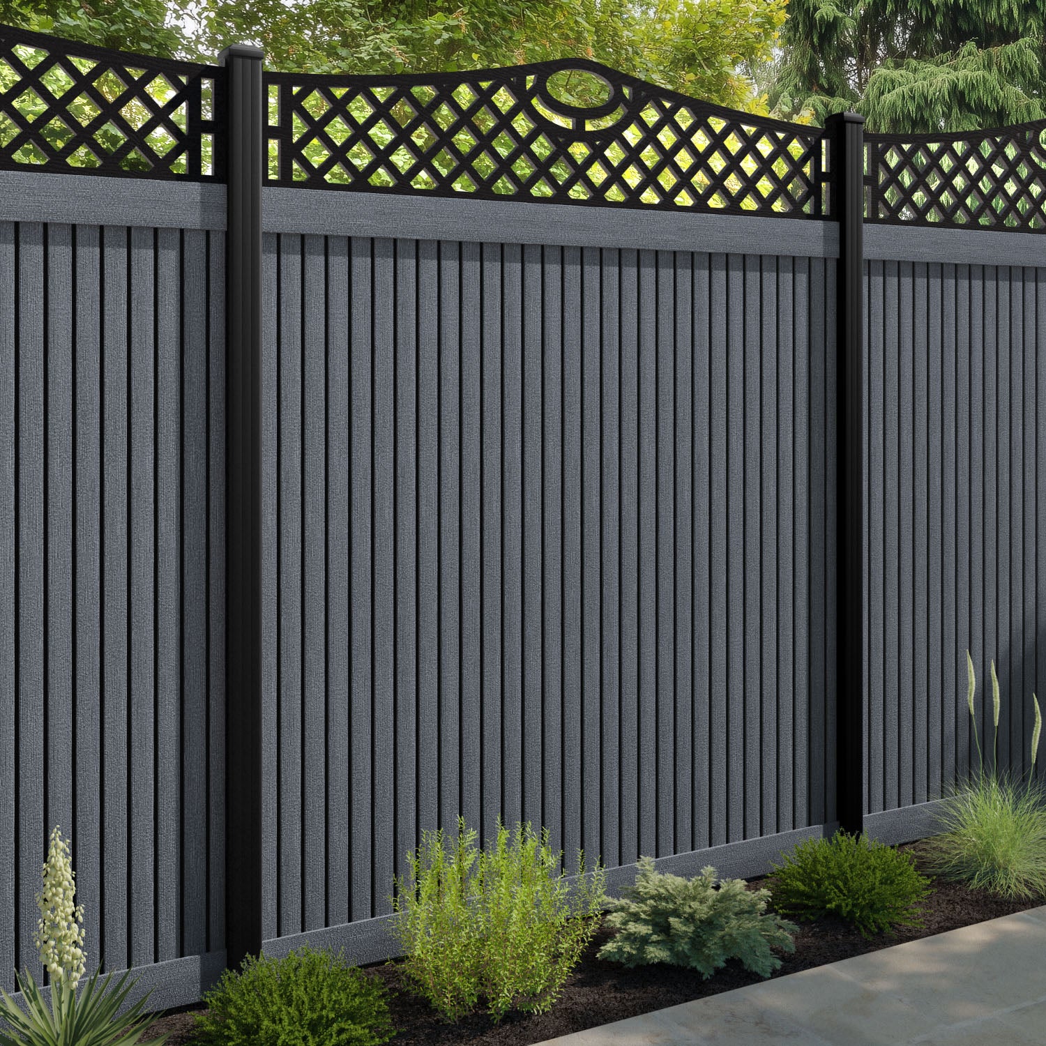 Virtis Oxford Curved Top Fence Panel - Anthracite - with our aluminium posts