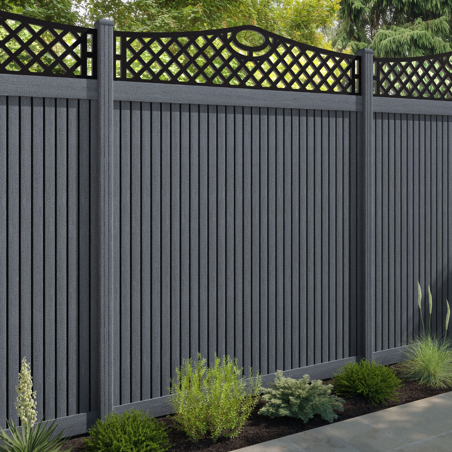 Virtis Oxford Curved Top Fence Panel - Anthracite - with our composite posts