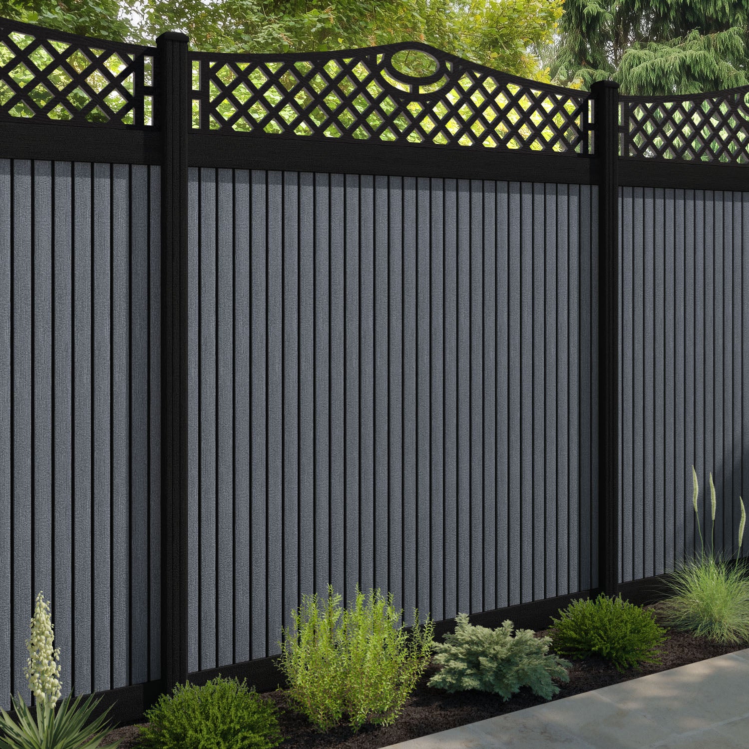 Virtis Oxford Curved Top Fence Panel - Anthracite - with our composite posts