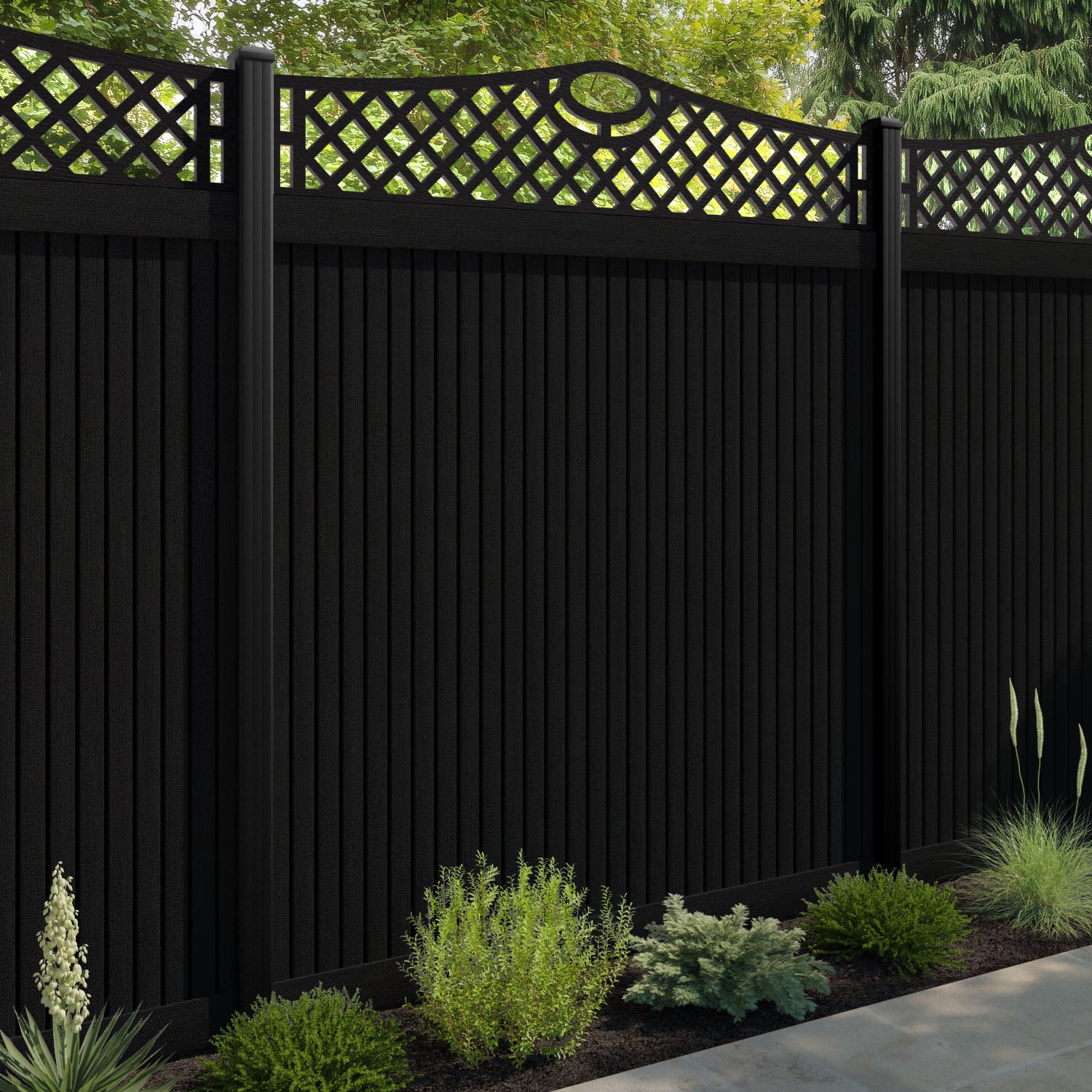 Virtis Oxford Curved Top Fence Panel - Black - with our aluminium posts
