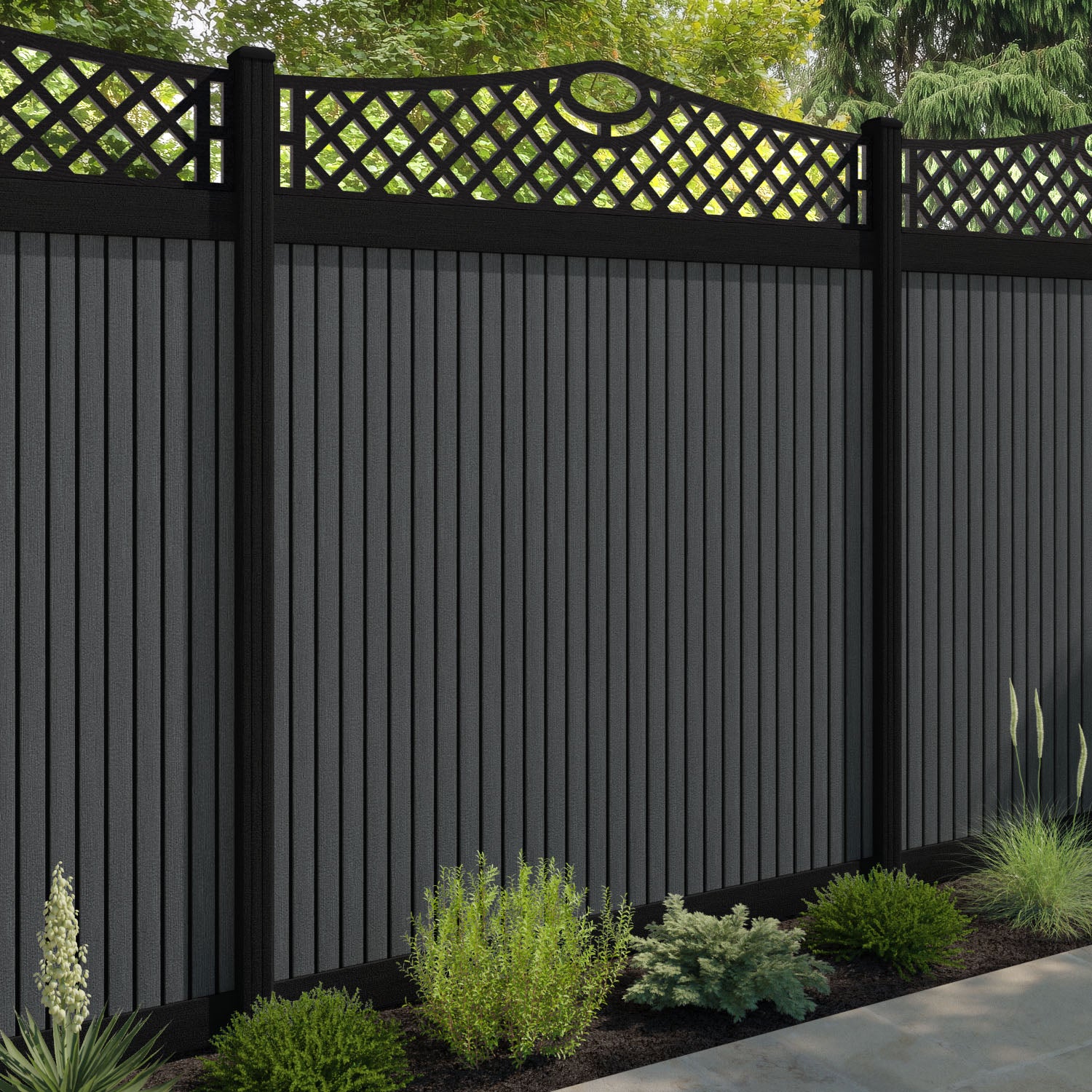 Virtis Oxford Curved Top Fence Panel - Dark Grey - with our aluminium posts
