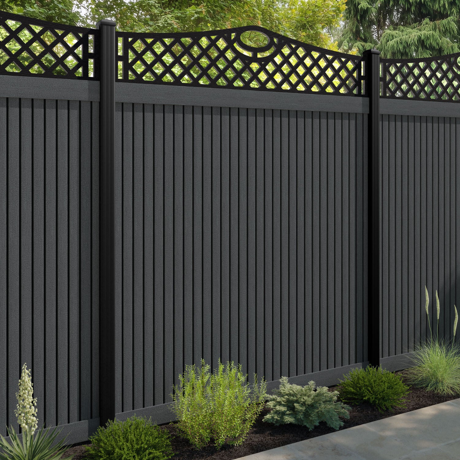 Virtis Oxford Curved Top Fence Panel - Dark Grey - with our aluminium posts