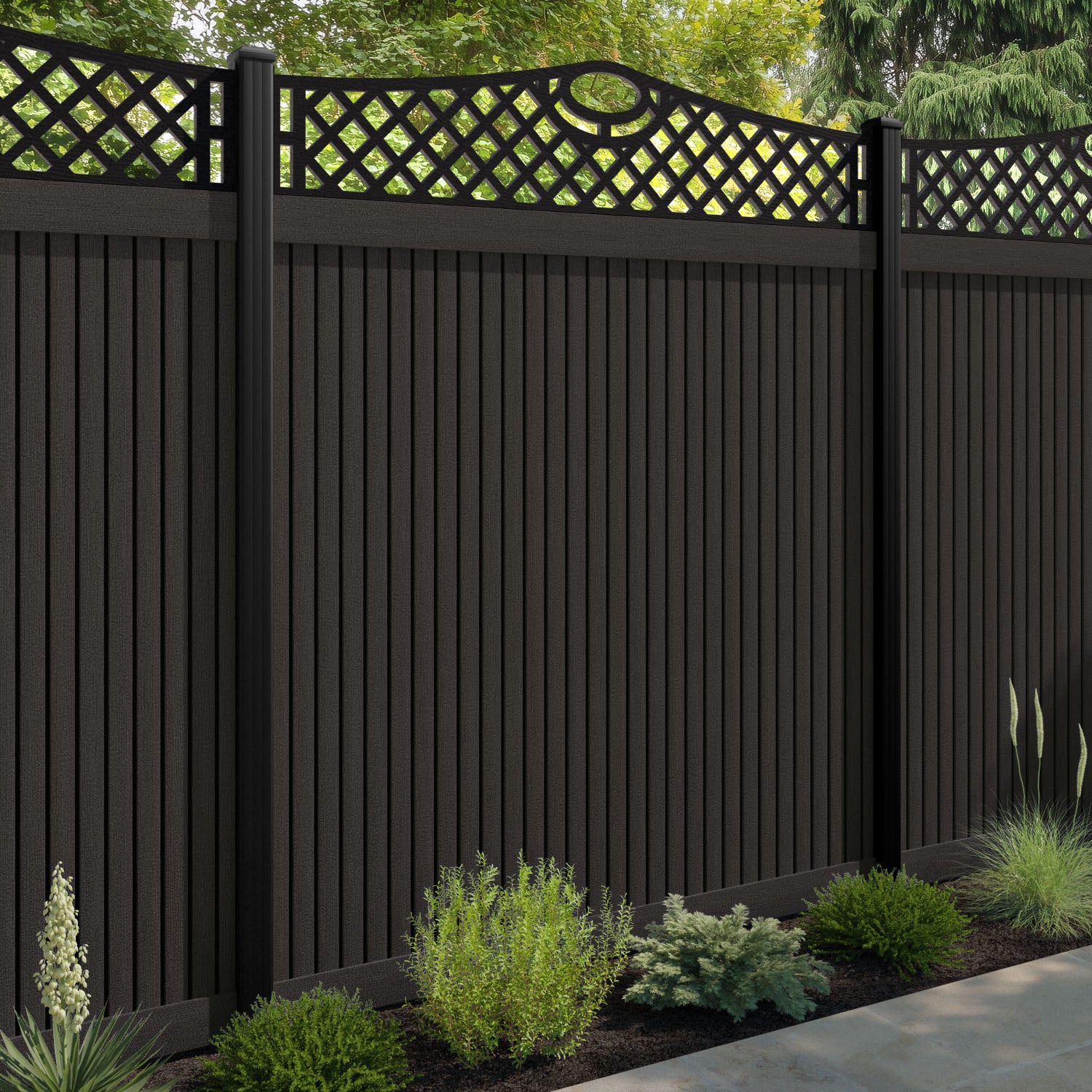 Virtis Oxford Curved Top Fence Panel - Dark Oak - with our composite posts