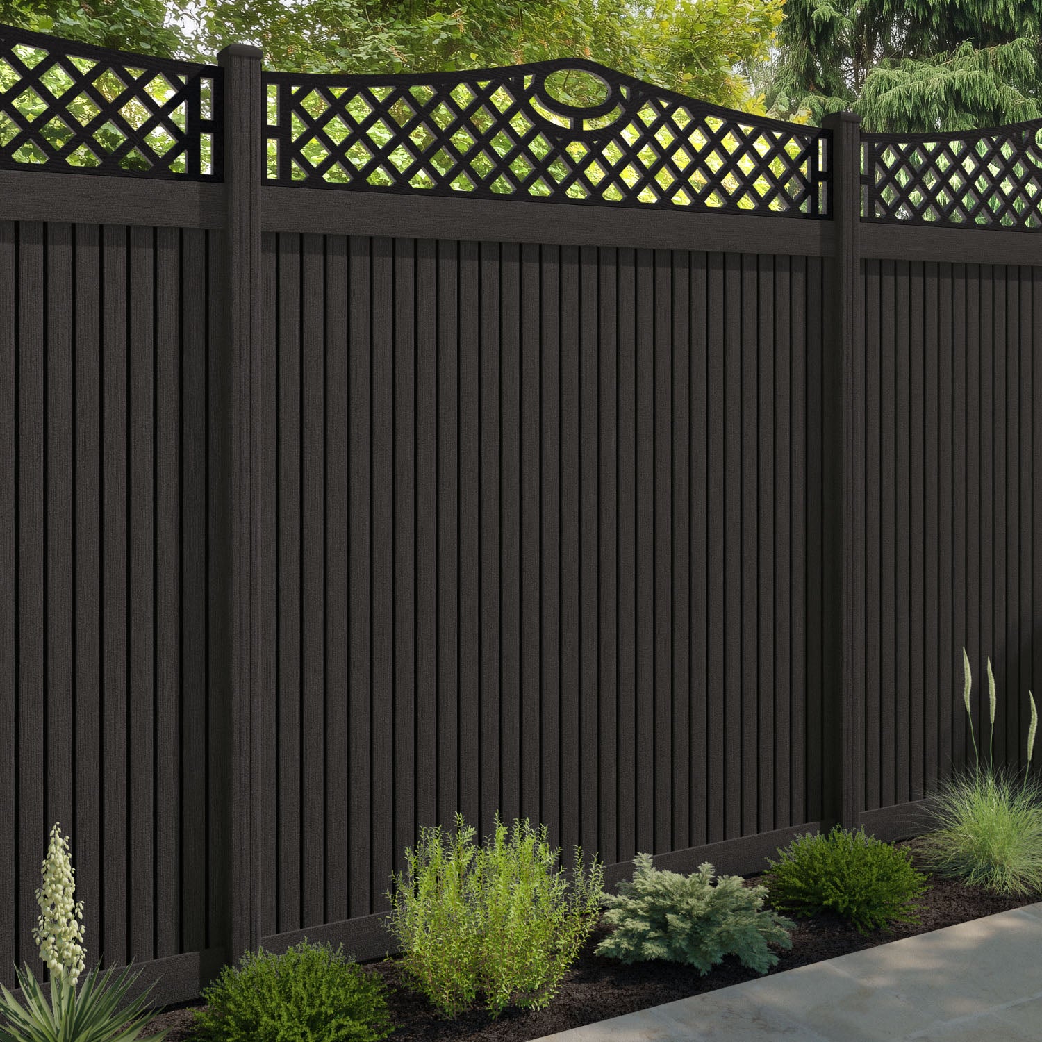 Virtis Oxford Curved Top Fence Panel - Dark Oak - with our composite posts
