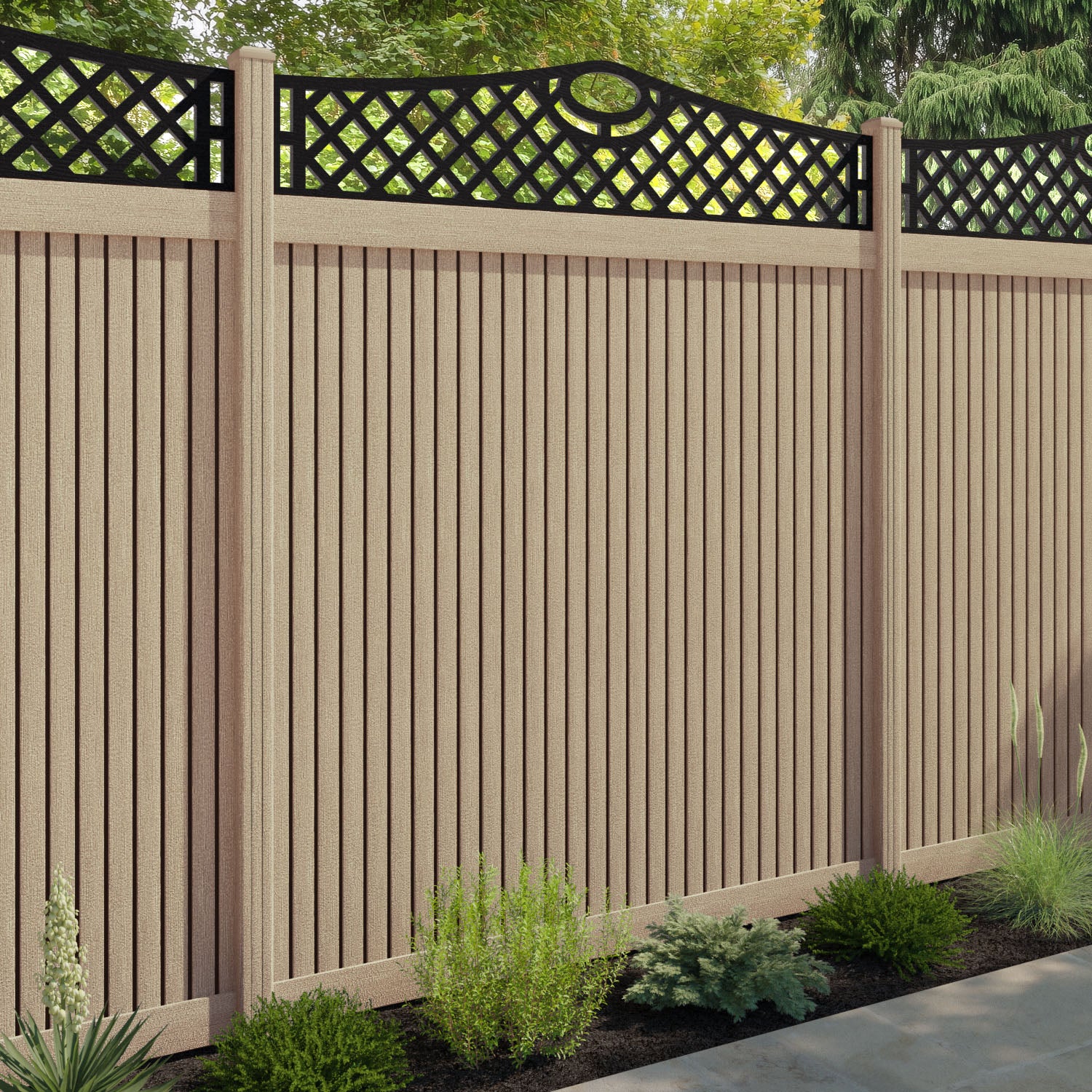 Virtis Oxford Curved Top Fence Panel - Light Oak - with our composite posts