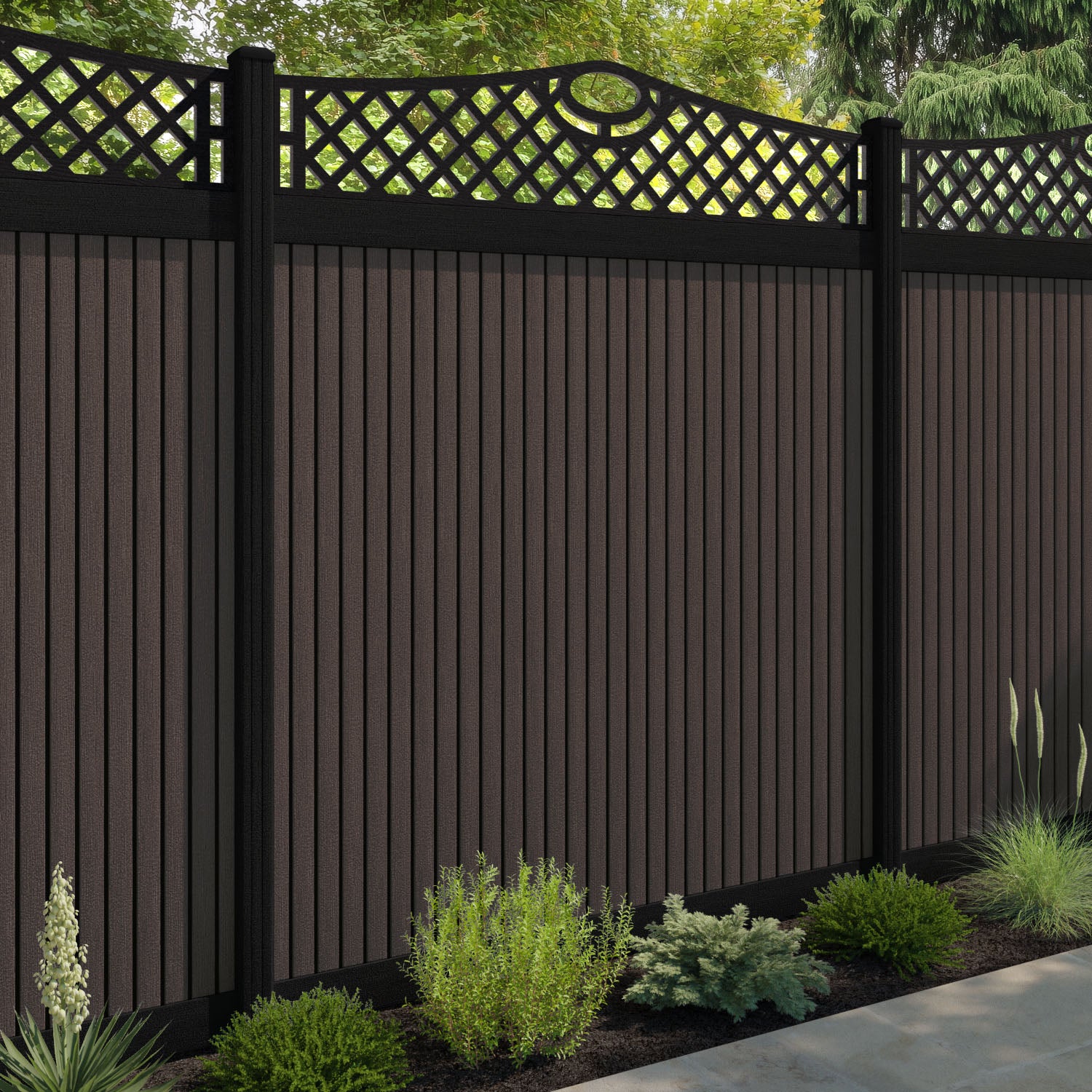 Virtis Oxford Curved Top Fence Panel - Mid Brown - with our composite posts
