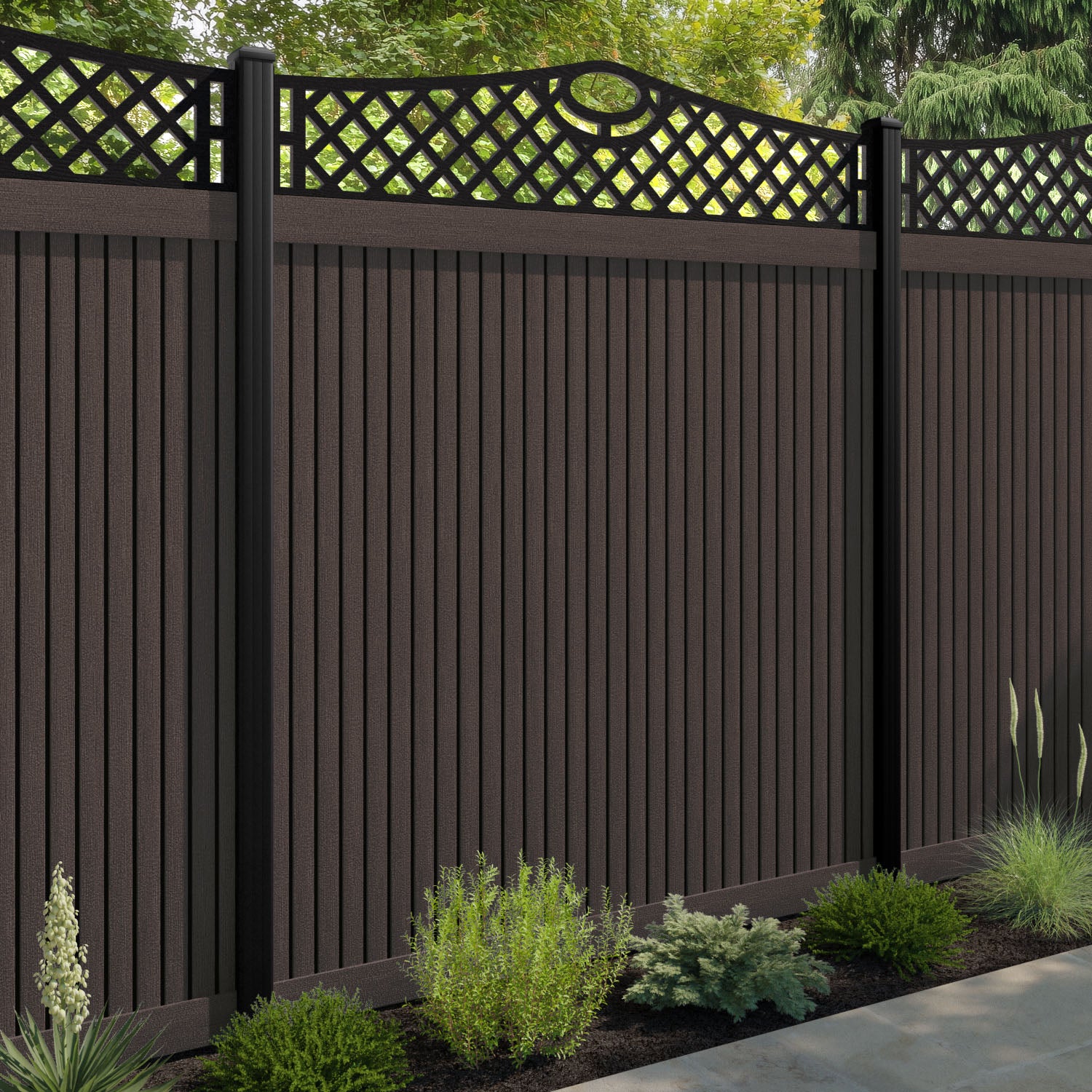 Virtis Oxford Curved Top Fence Panel - Mid Brown - with our composite posts