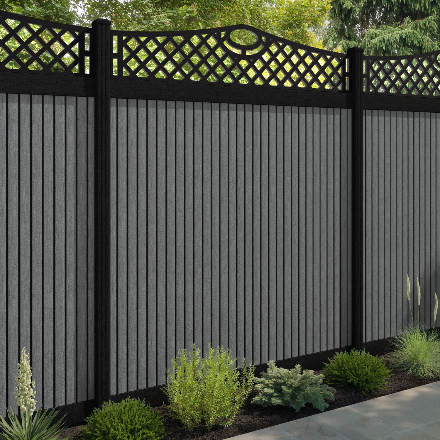 Virtis Oxford Curved Top Fence Panel - Mid Grey - with our aluminium posts