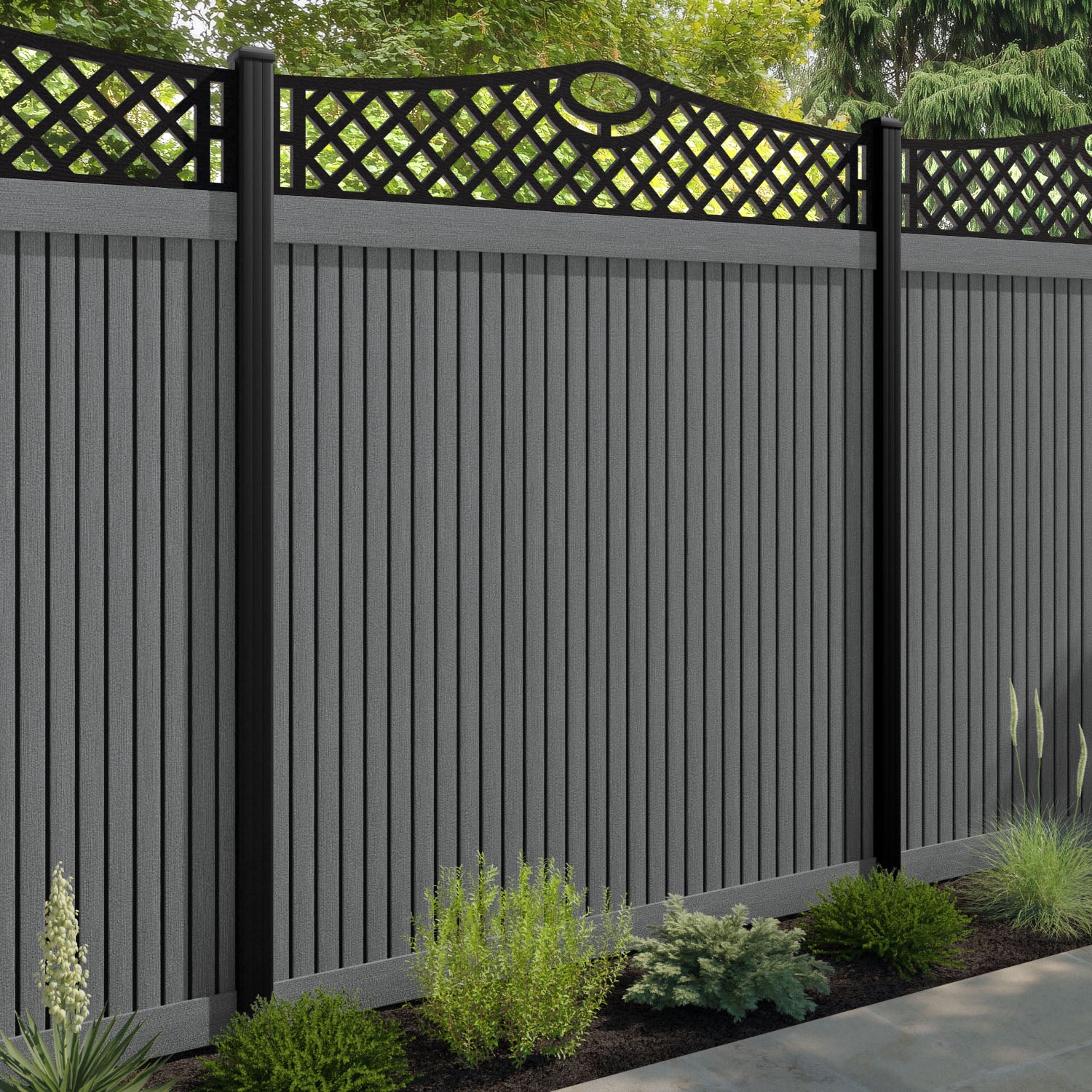 Virtis Oxford Curved Top Fence Panel - Mid Grey - with our aluminium posts
