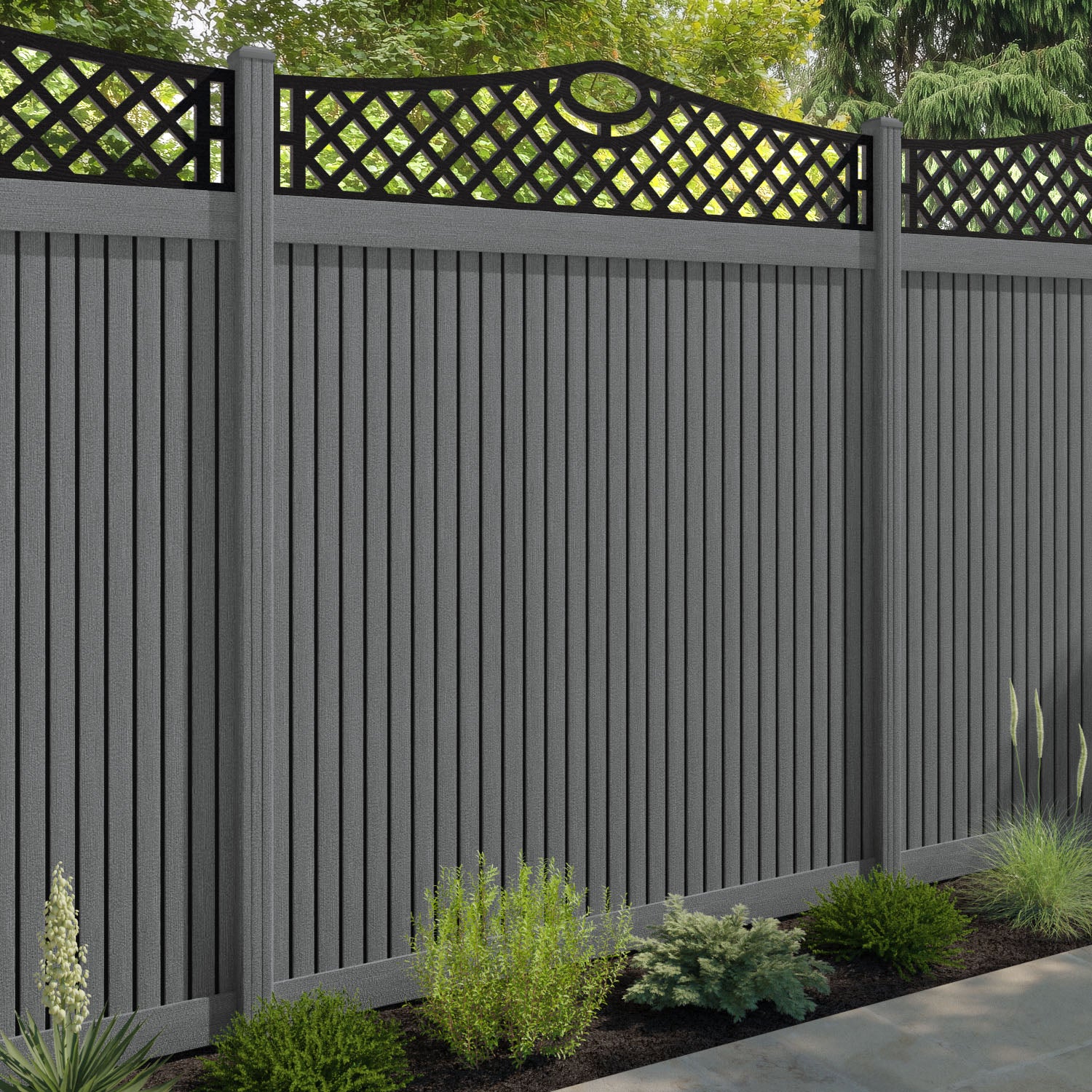 Virtis Oxford Curved Top Fence Panel - Mid Grey - with our composite posts