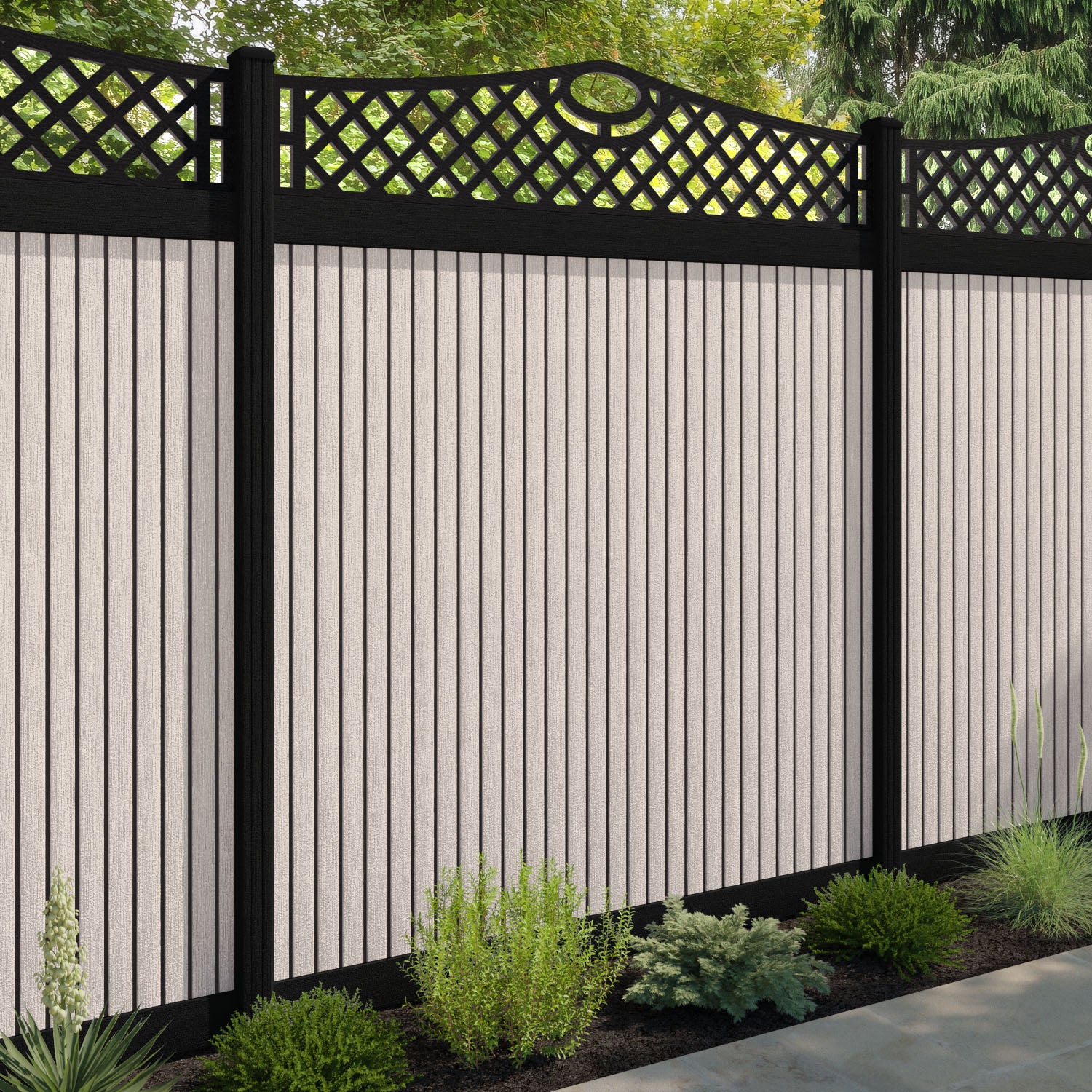 Virtis Oxford Curved Top Fence Panel - Mid Stone - with our aluminium posts