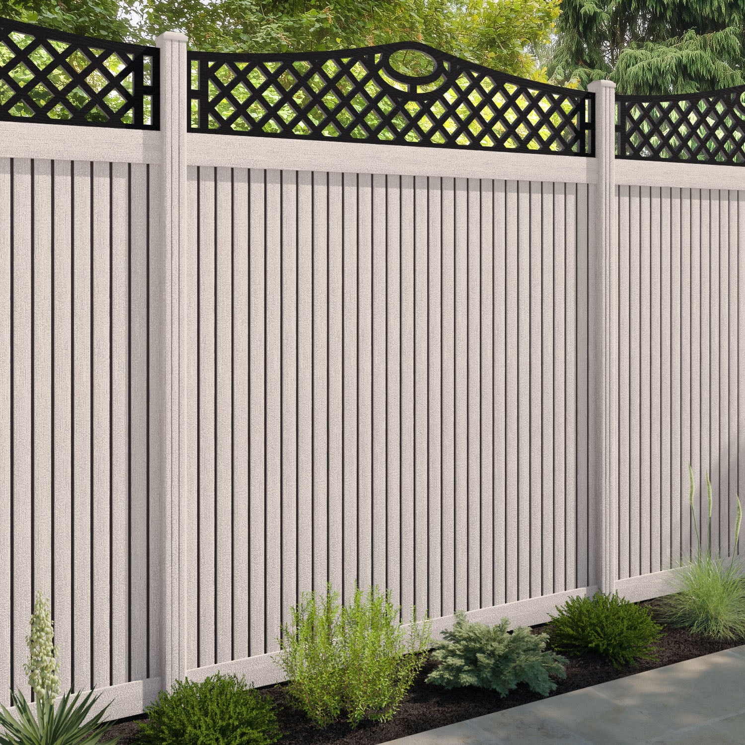 Virtis Oxford Curved Top Fence Panel - Mid Stone - with our composite posts