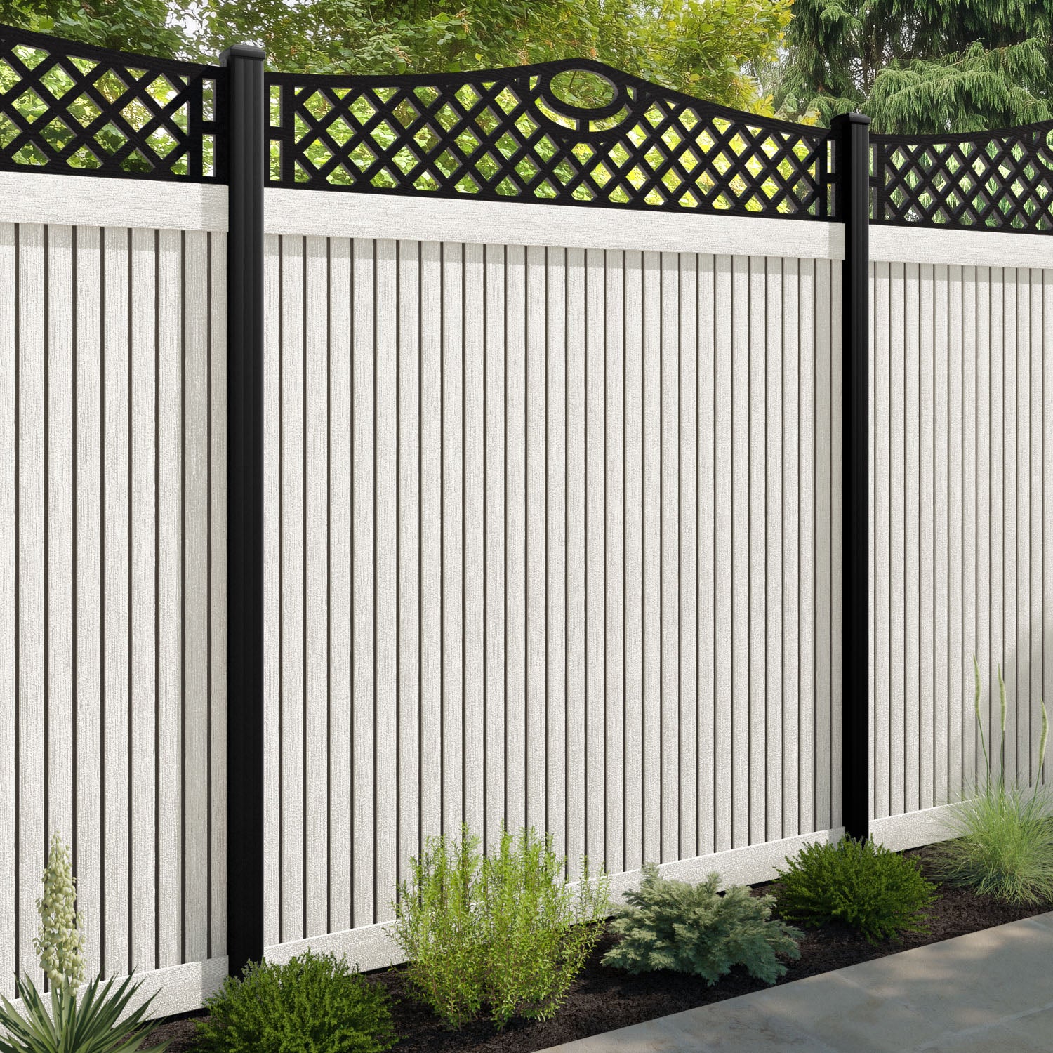Virtis Oxford Curved Top Fence Panel - Light Stone - with our aluminium posts