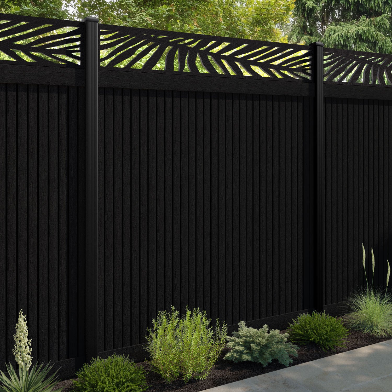 Virtis Palm Fence Panel - Black - with our aluminium posts