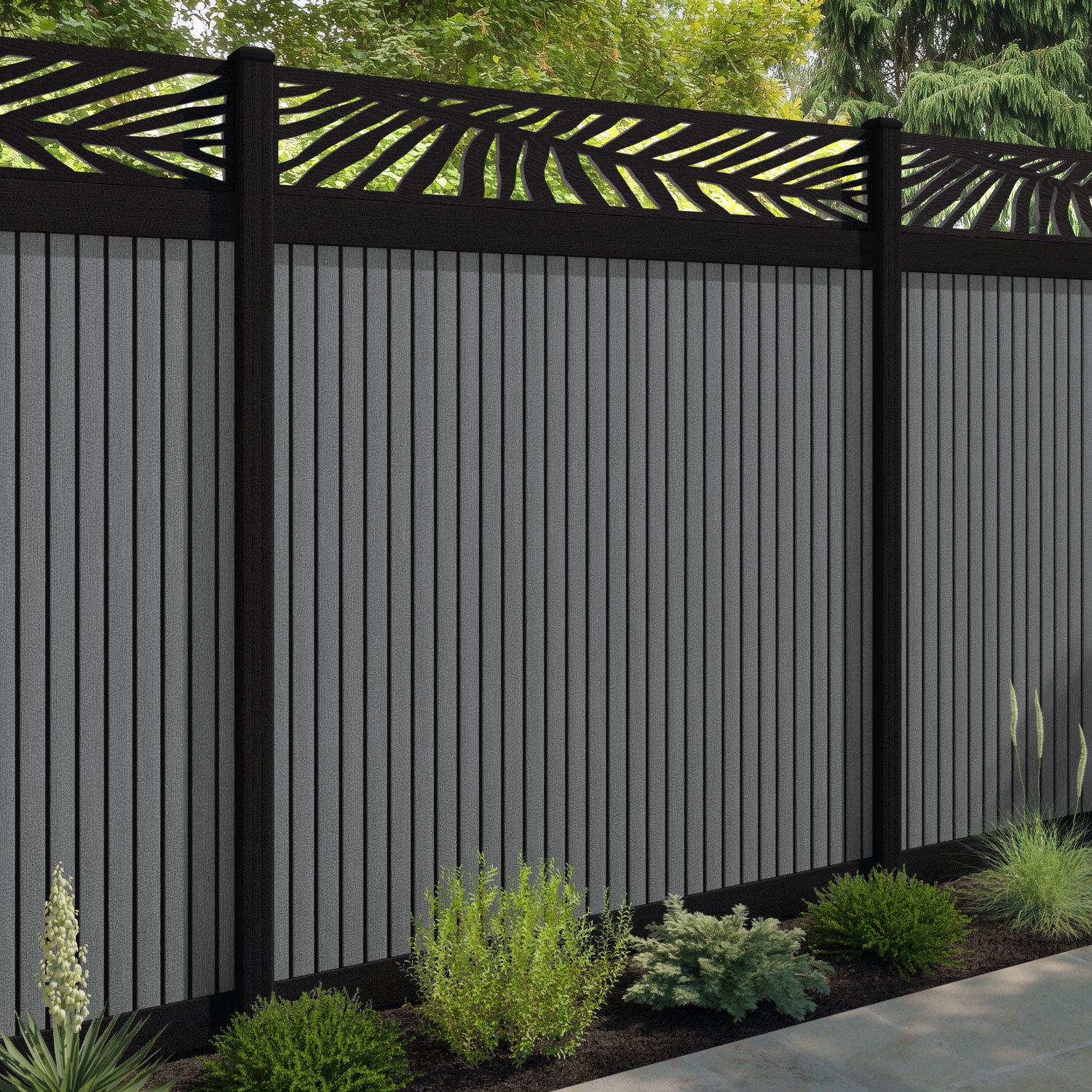 Virtis Palm Fence Panel - Mid Grey - with our aluminium posts