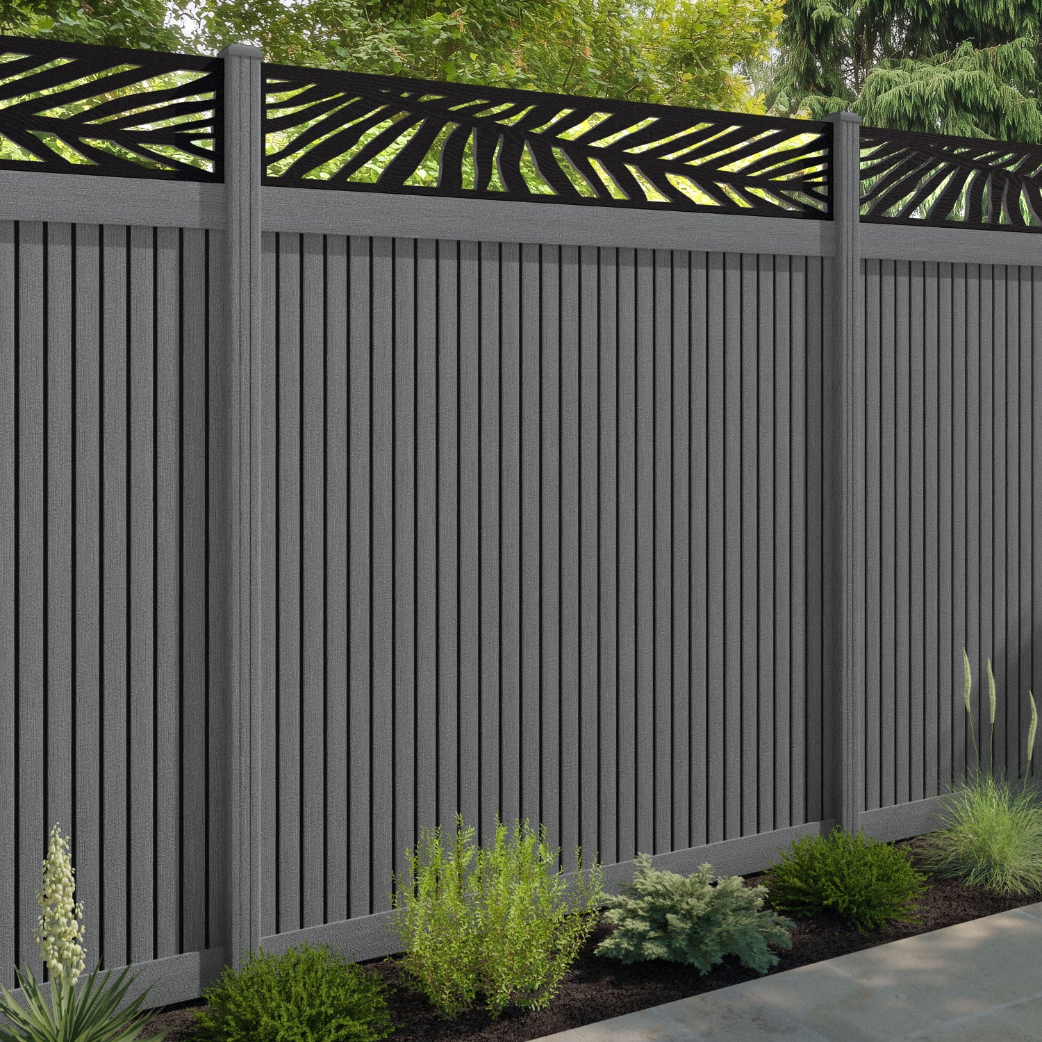 Virtis Palm Fence Panel - Mid Grey - with our composite posts