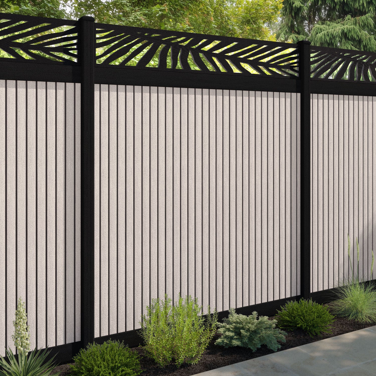 Virtis Palm Fence Panel - Mid Stone - with our aluminium posts