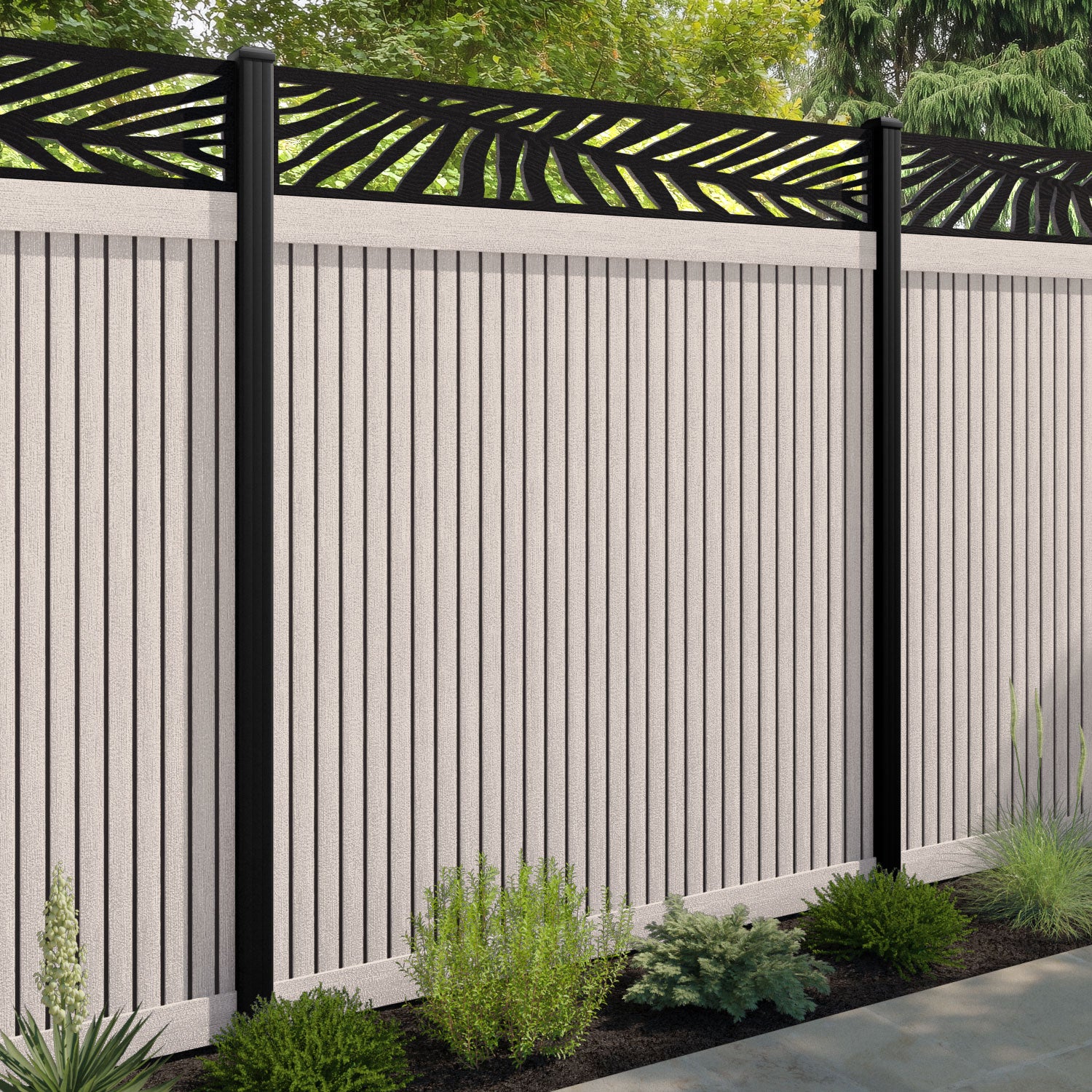 Virtis Palm Fence Panel - Mid Stone - with our aluminium posts