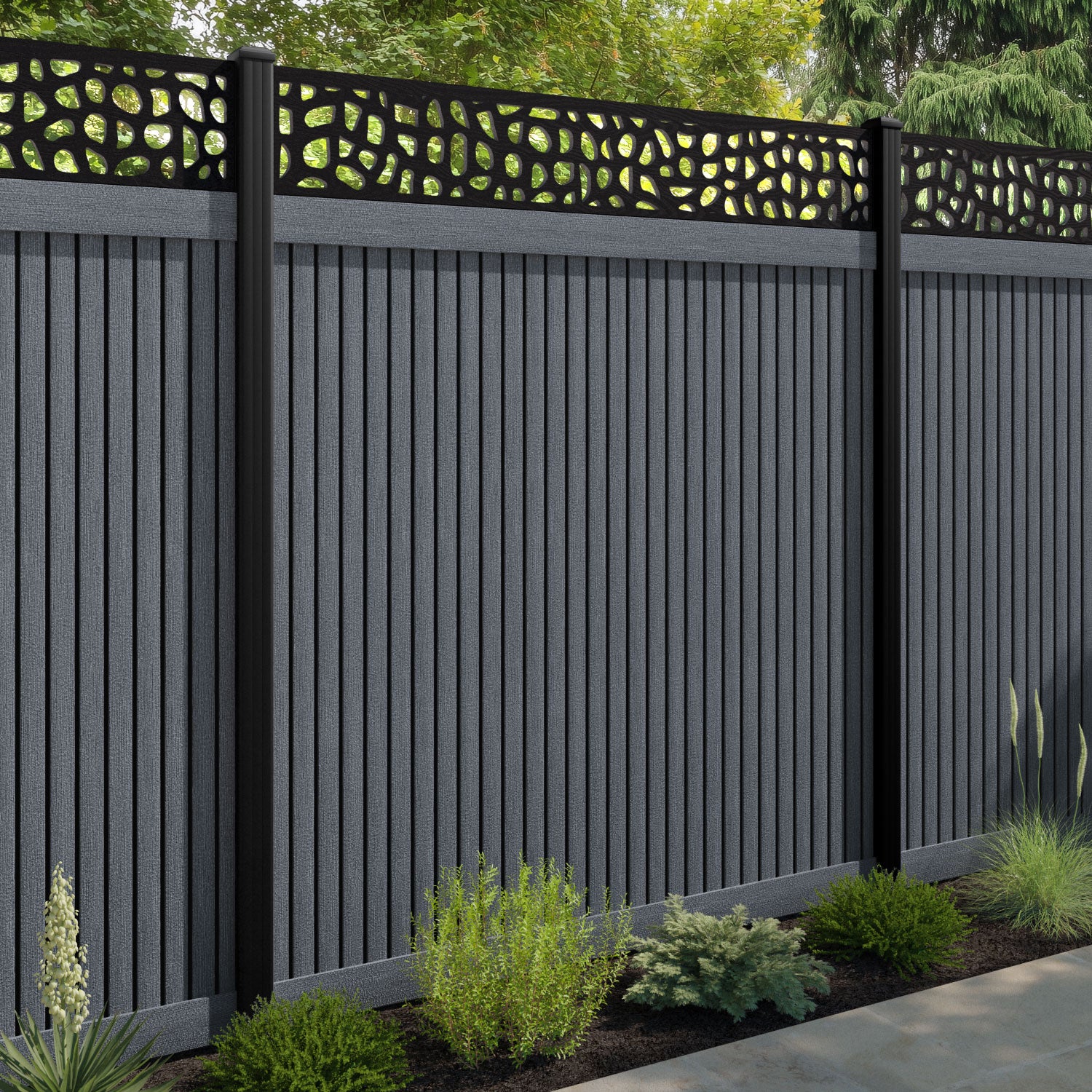 Virtis Pebble Fence Panel - Anthracite - with our aluminium posts