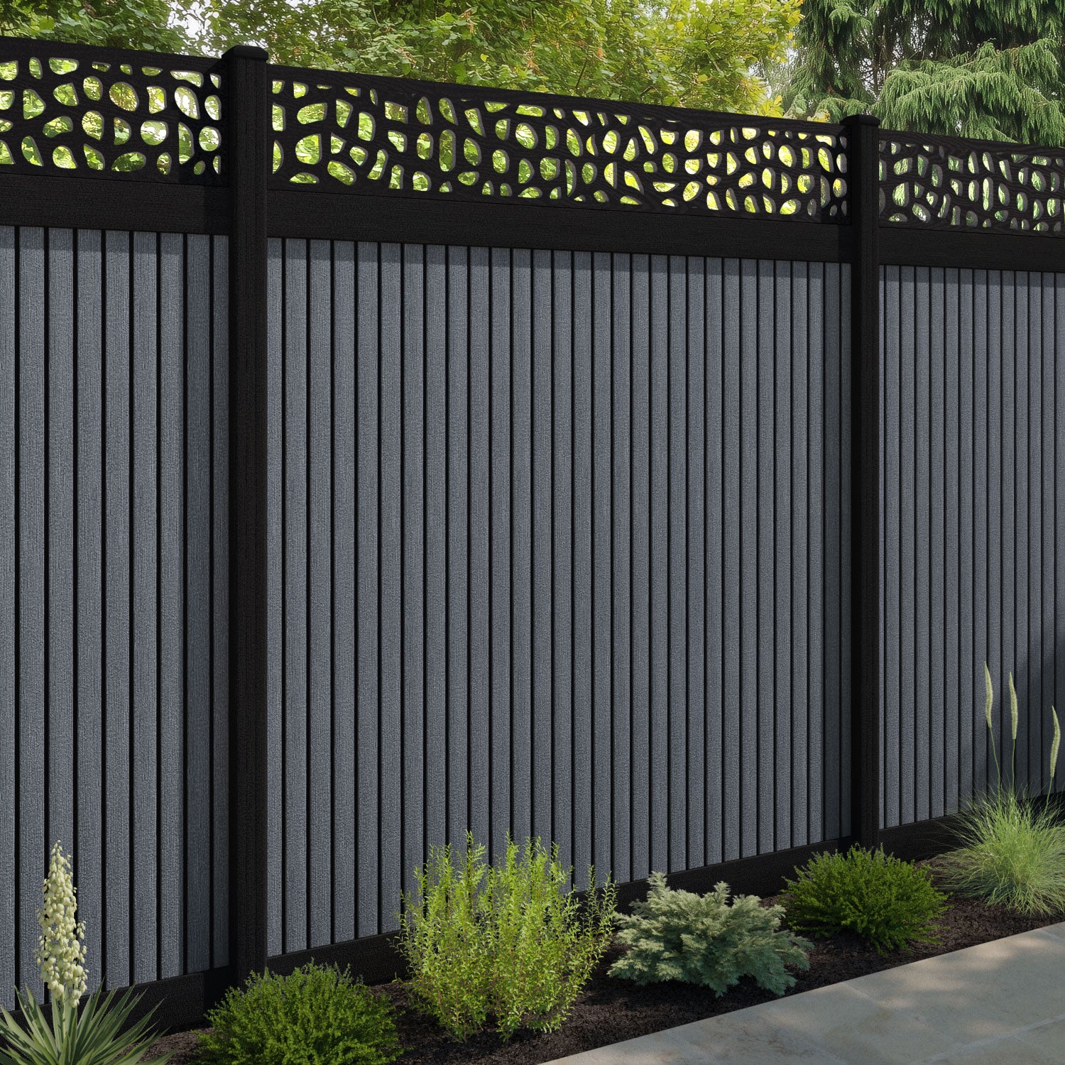 Virtis Pebble Fence Panel - Anthracite - with our aluminium posts