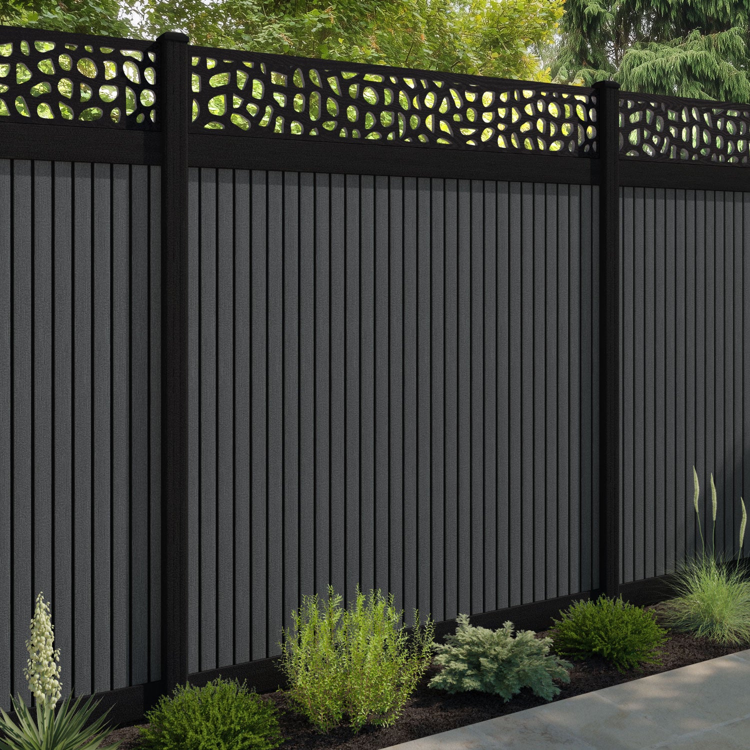 Virtis Pebble Fence Panel - Dark Grey - with our aluminium posts