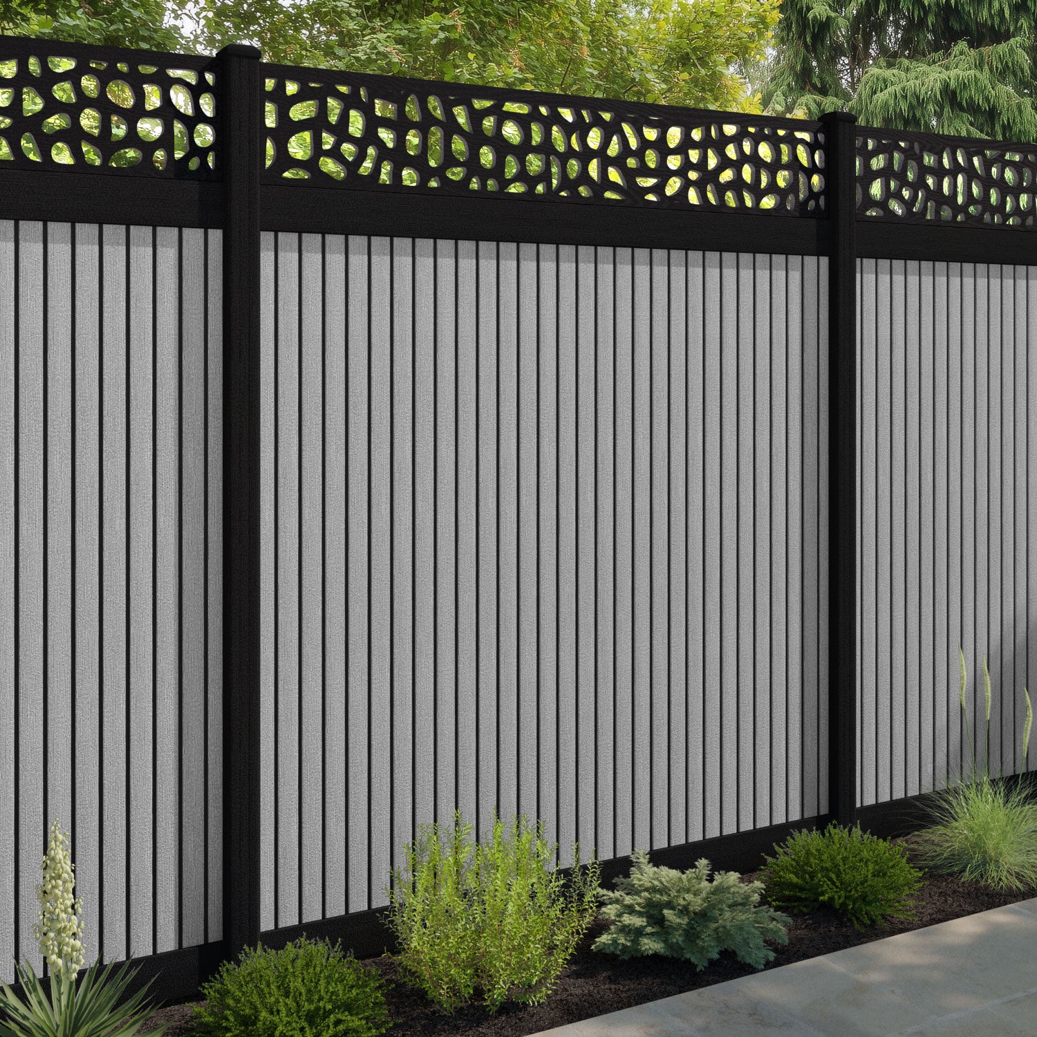 Virtis Pebble Fence Panel - Light Grey - with our aluminium posts