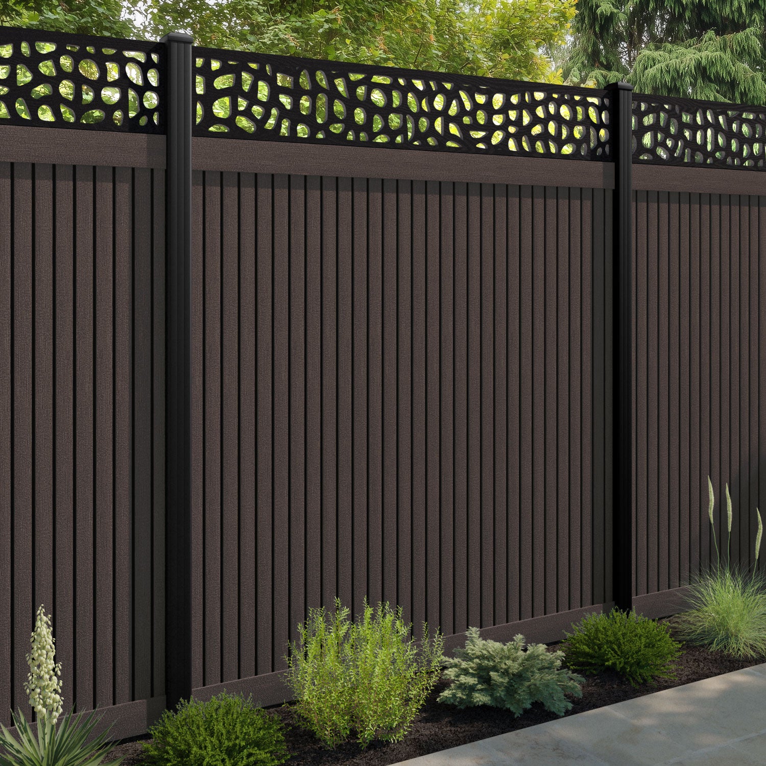 Virtis Pebble Fence Panel - Mid Brown - with our aluminium posts
