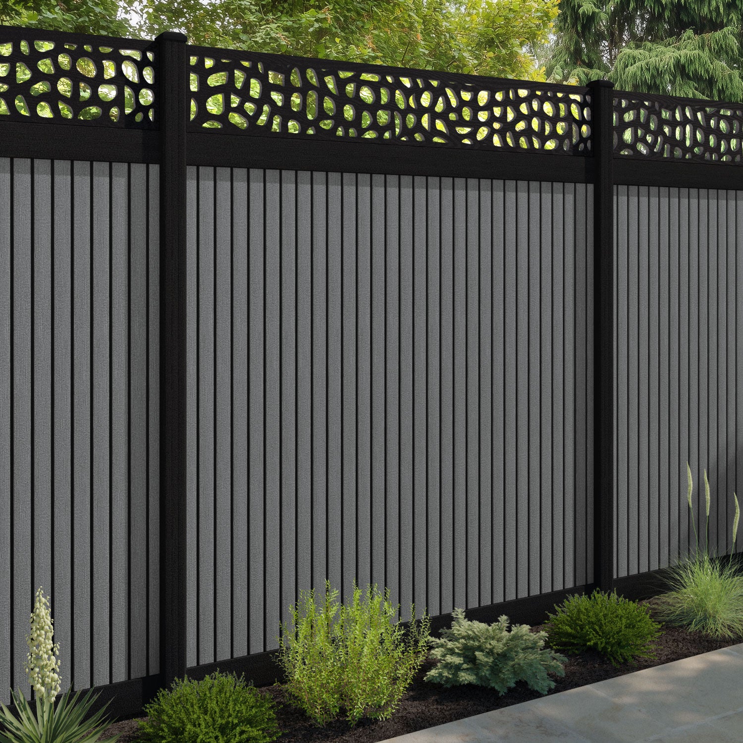 Virtis Pebble Fence Panel - Mid Grey - with our aluminium posts