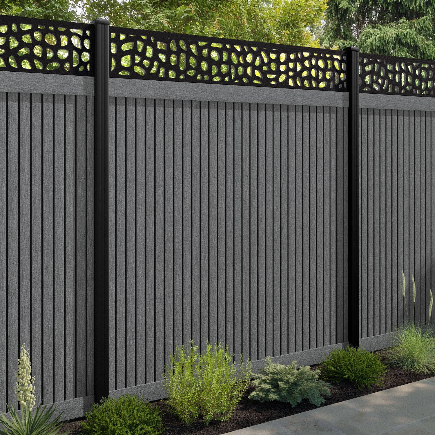 Virtis Pebble Fence Panel - Mid Grey - with our aluminium posts