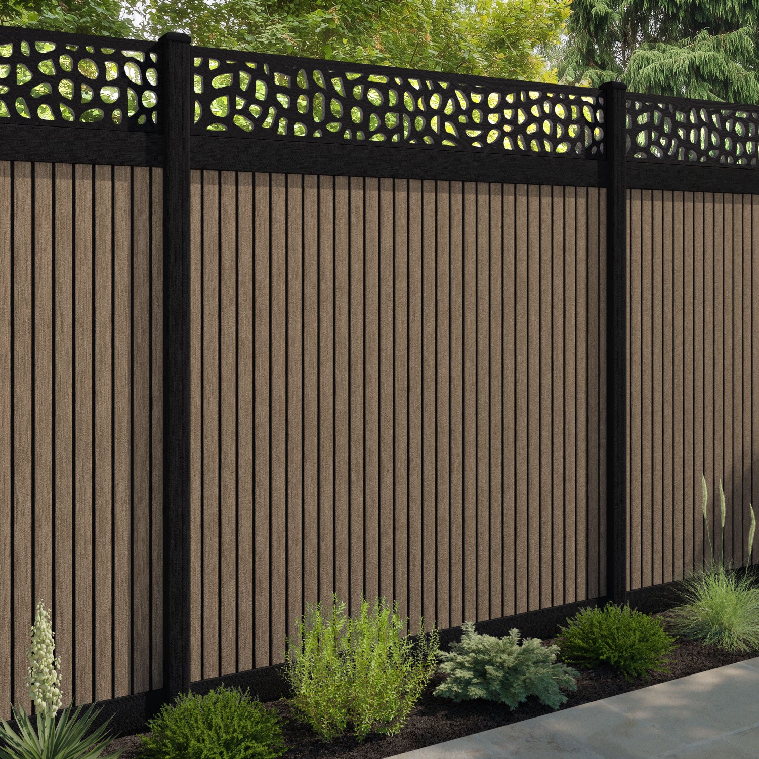 Virtis Pebble Fence Panel - Teak - with our aluminium posts