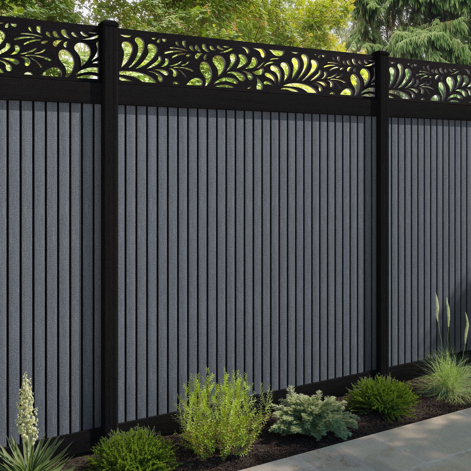 Virtis Petal Fence Panel - Anthracite - with our aluminium posts