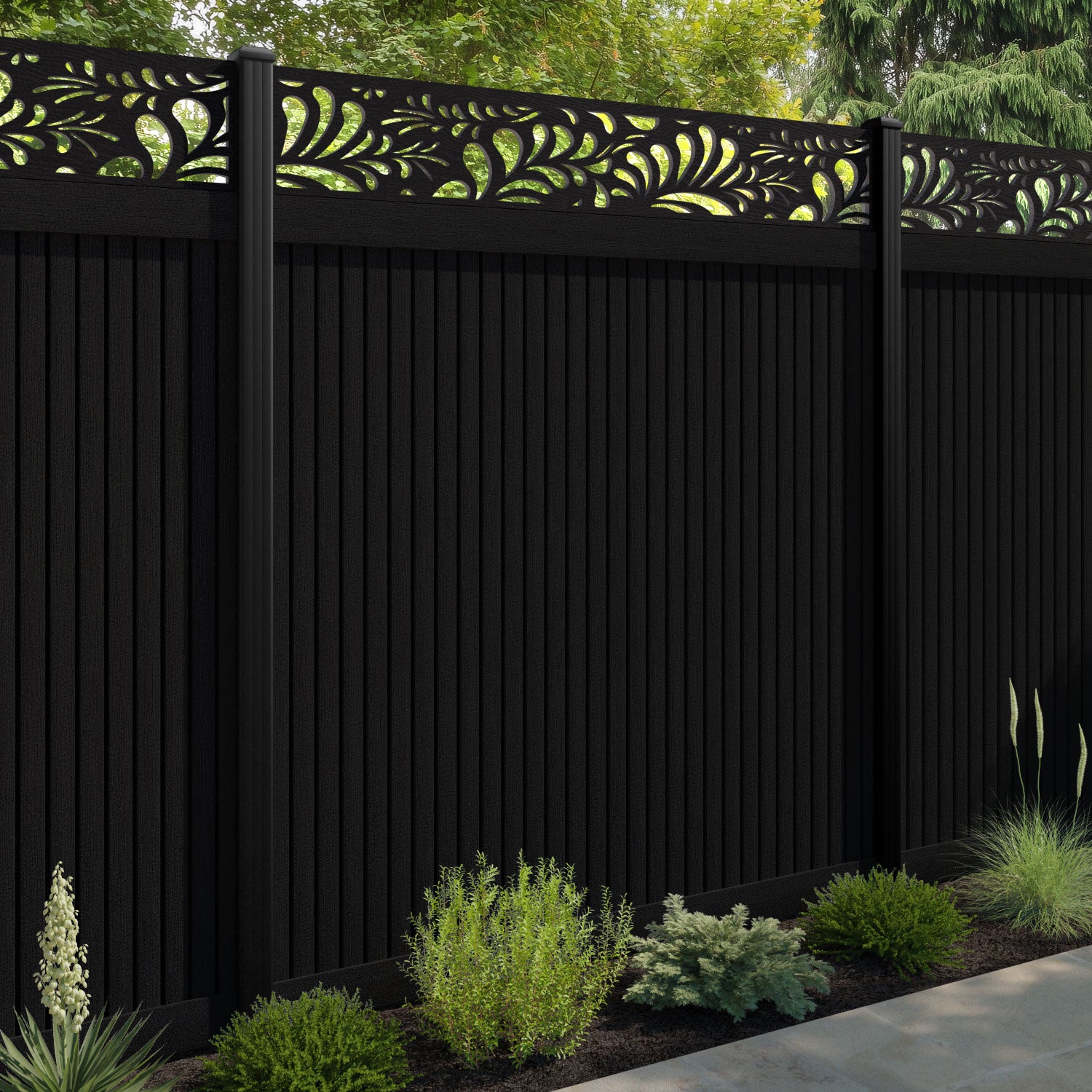 Virtis Petal Fence Panel - Black - with our aluminium posts