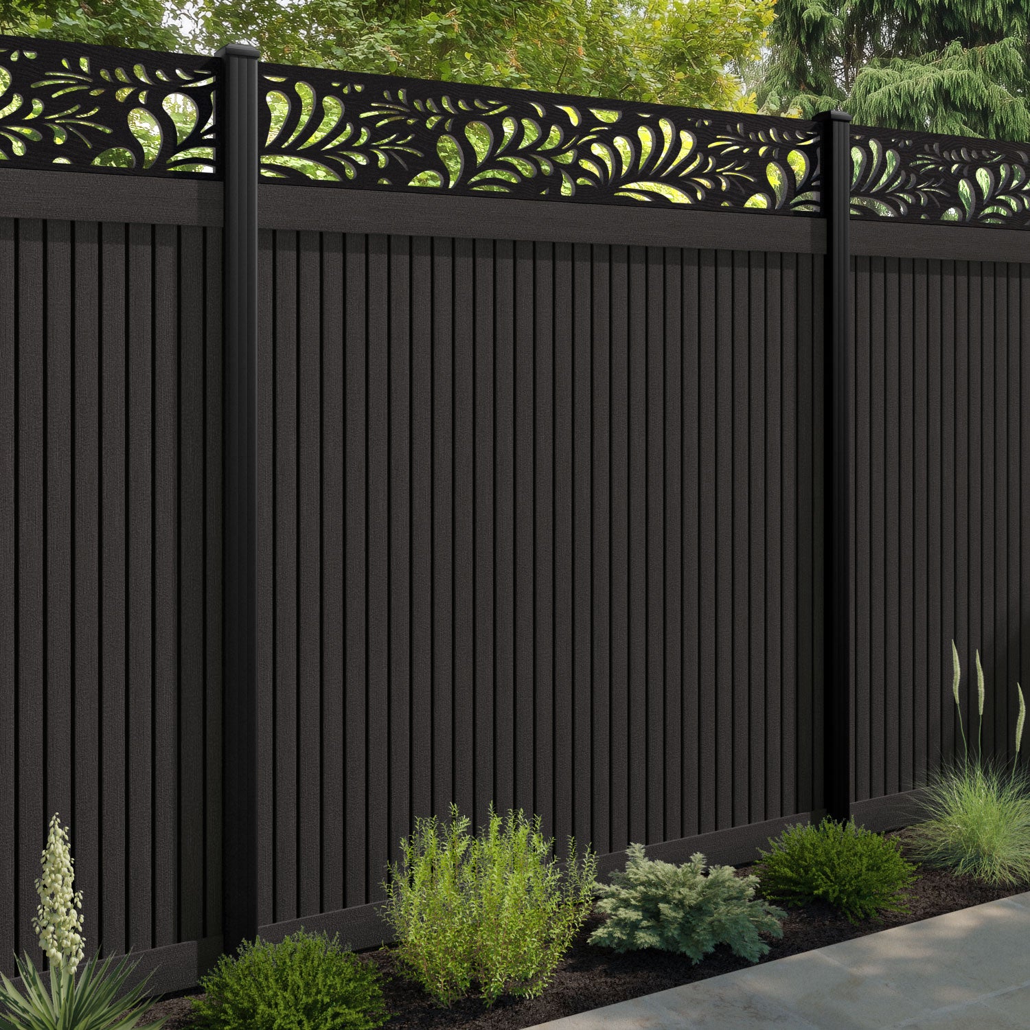 Virtis Petal Fence Panel - Dark Oak - with our composite posts