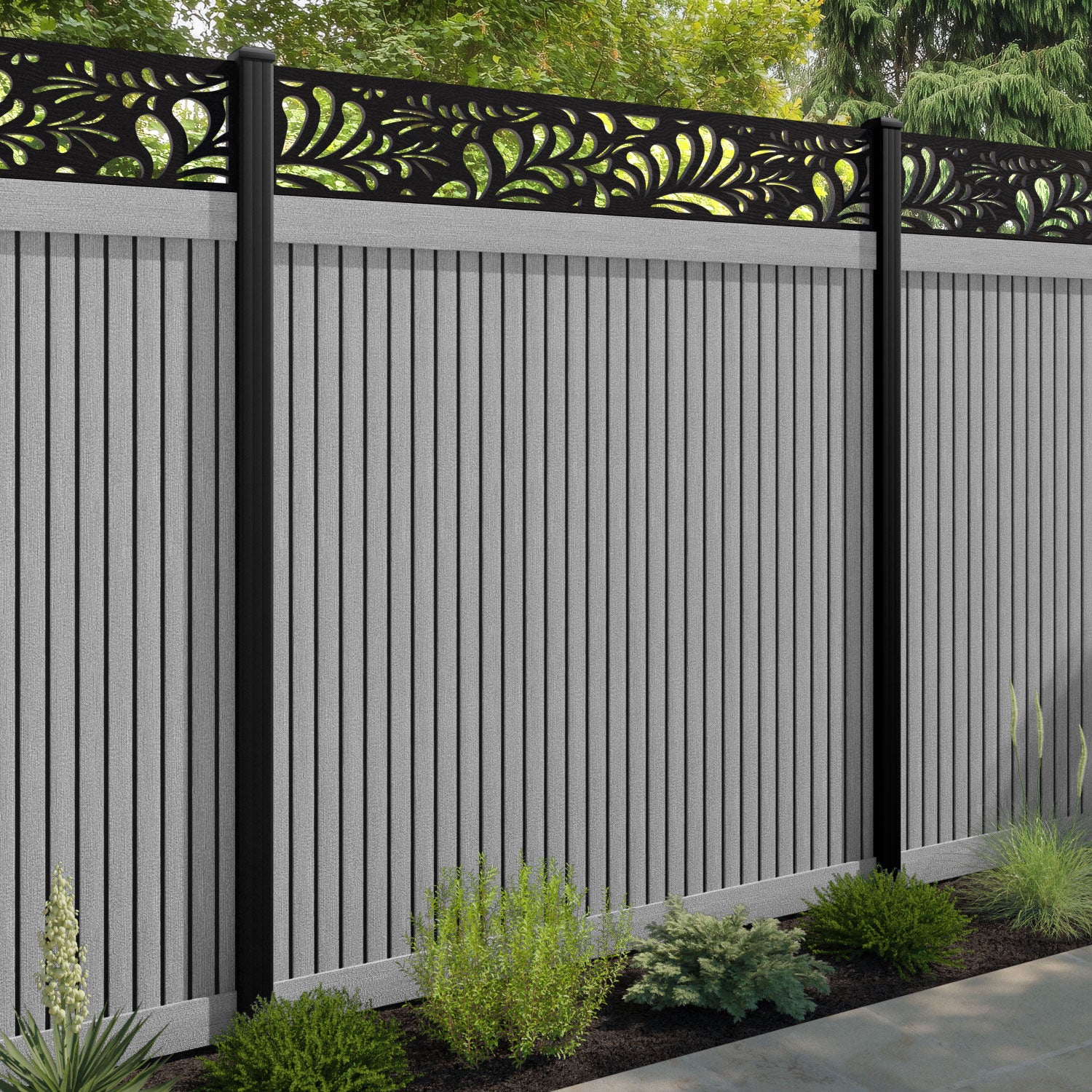 Virtis Petal Fence Panel - Light Grey - with our aluminium posts