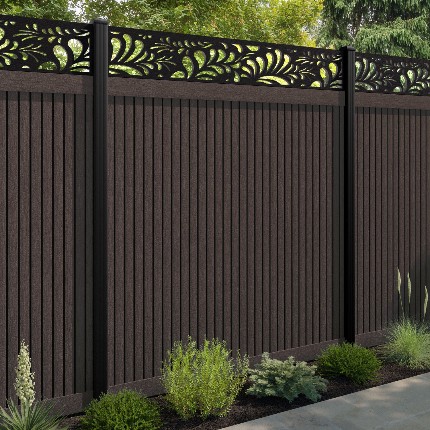 Virtis Petal Fence Panel - Mid Brown - with our aluminium posts