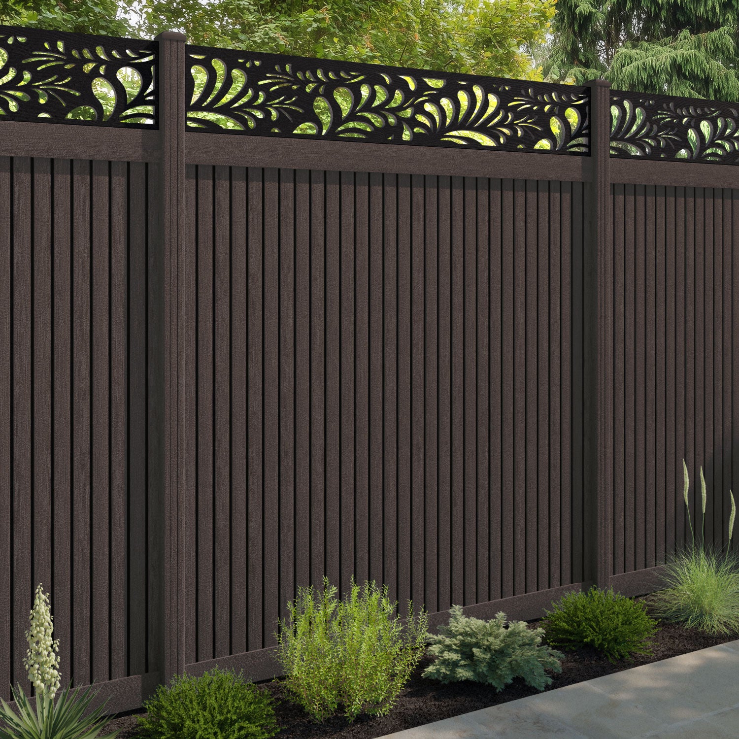 Virtis Petal Fence Panel - Mid Brown - with our composite posts