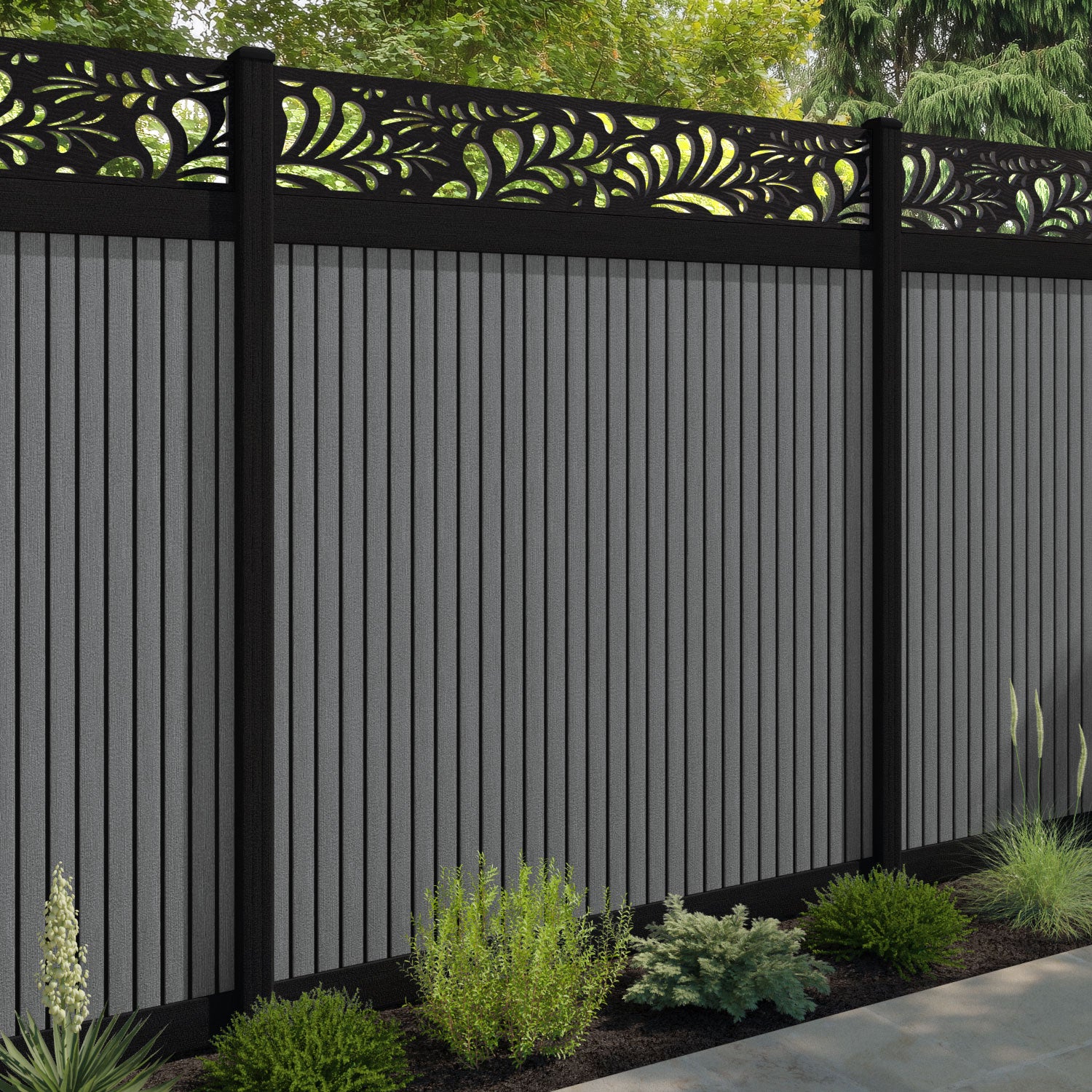 Virtis Petal Fence Panel - Mid Grey - with our composite posts