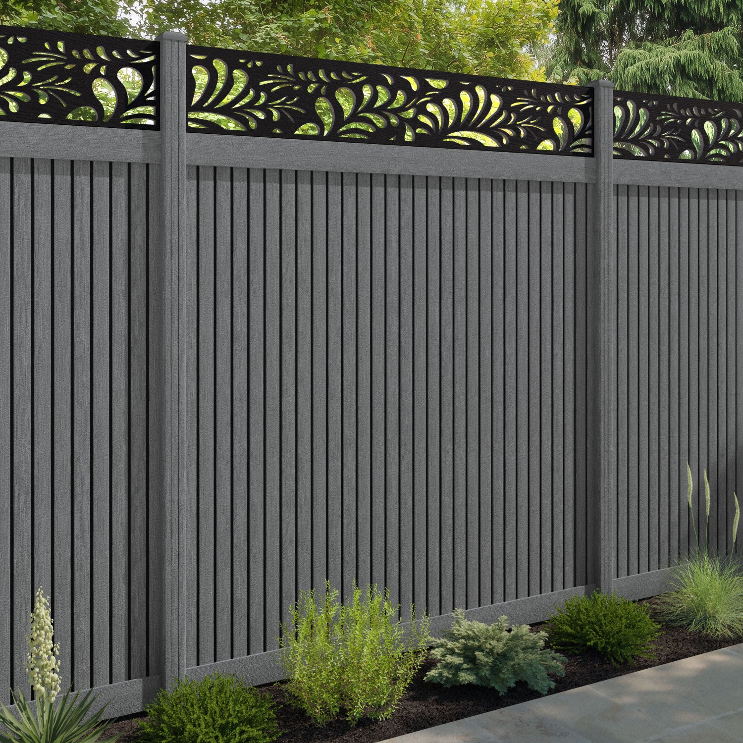 Virtis Petal Fence Panel - Mid Grey - with our composite posts