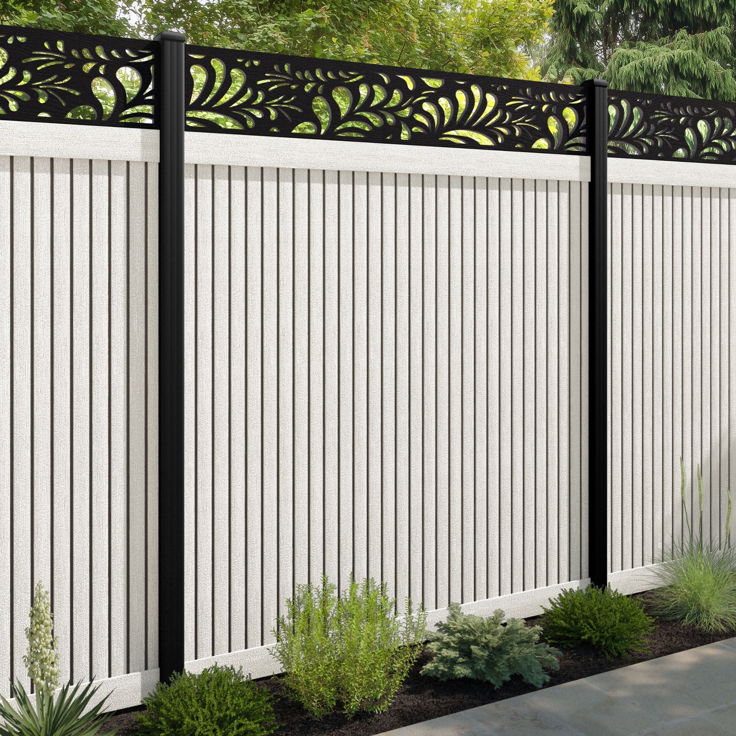 Virtis Petal Fence Panel - Light Stone - with our aluminium posts