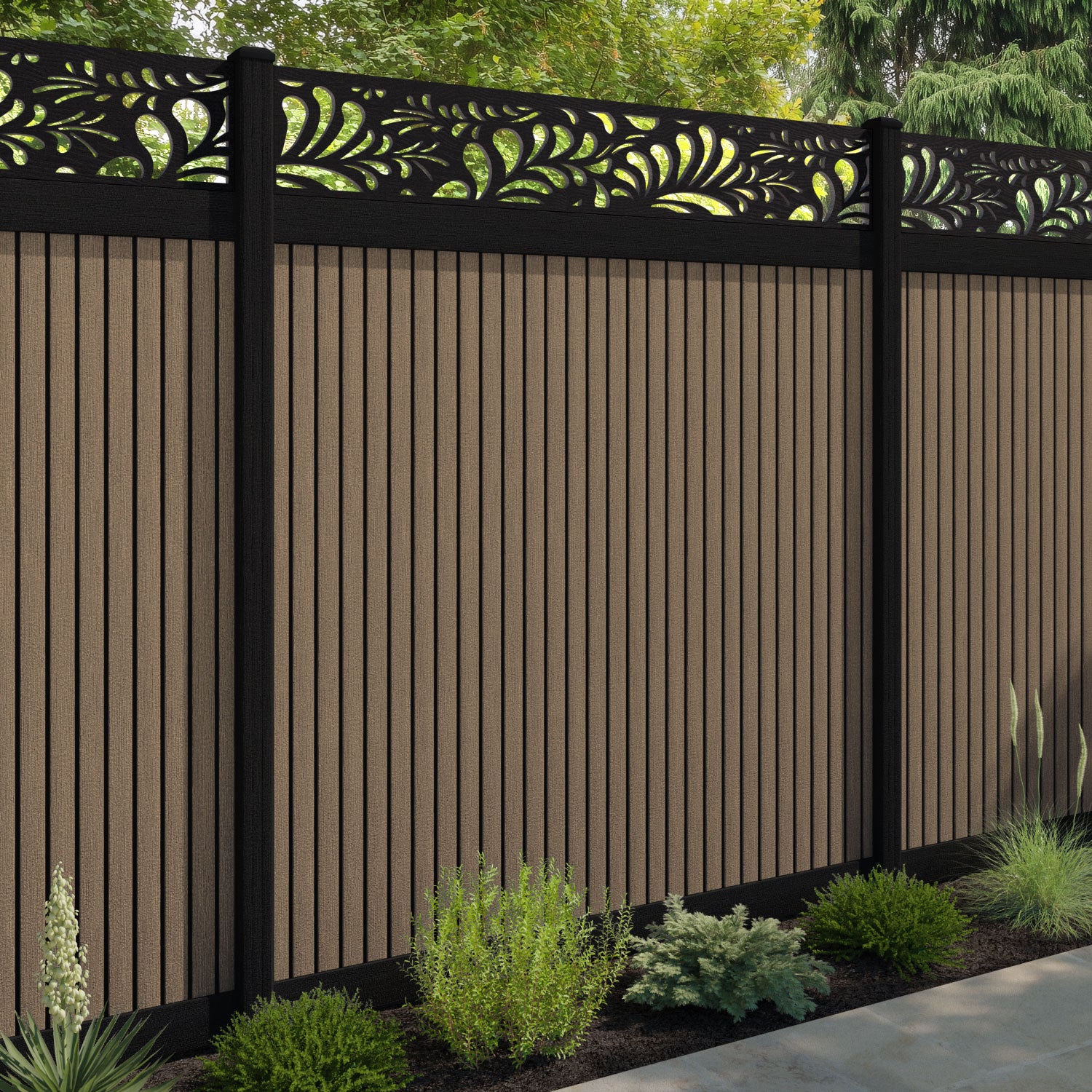 Virtis Petal Fence Panel - Teak - with our aluminium posts