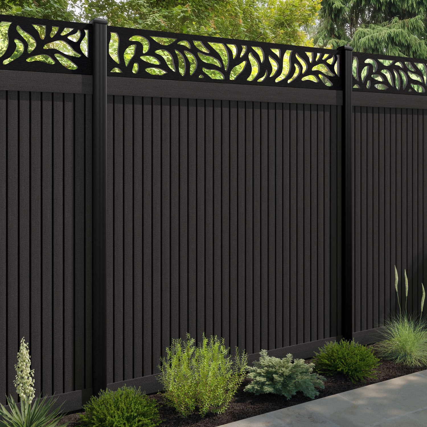 Virtis Plume Fence Panel - Dark Oak - with our aluminium posts