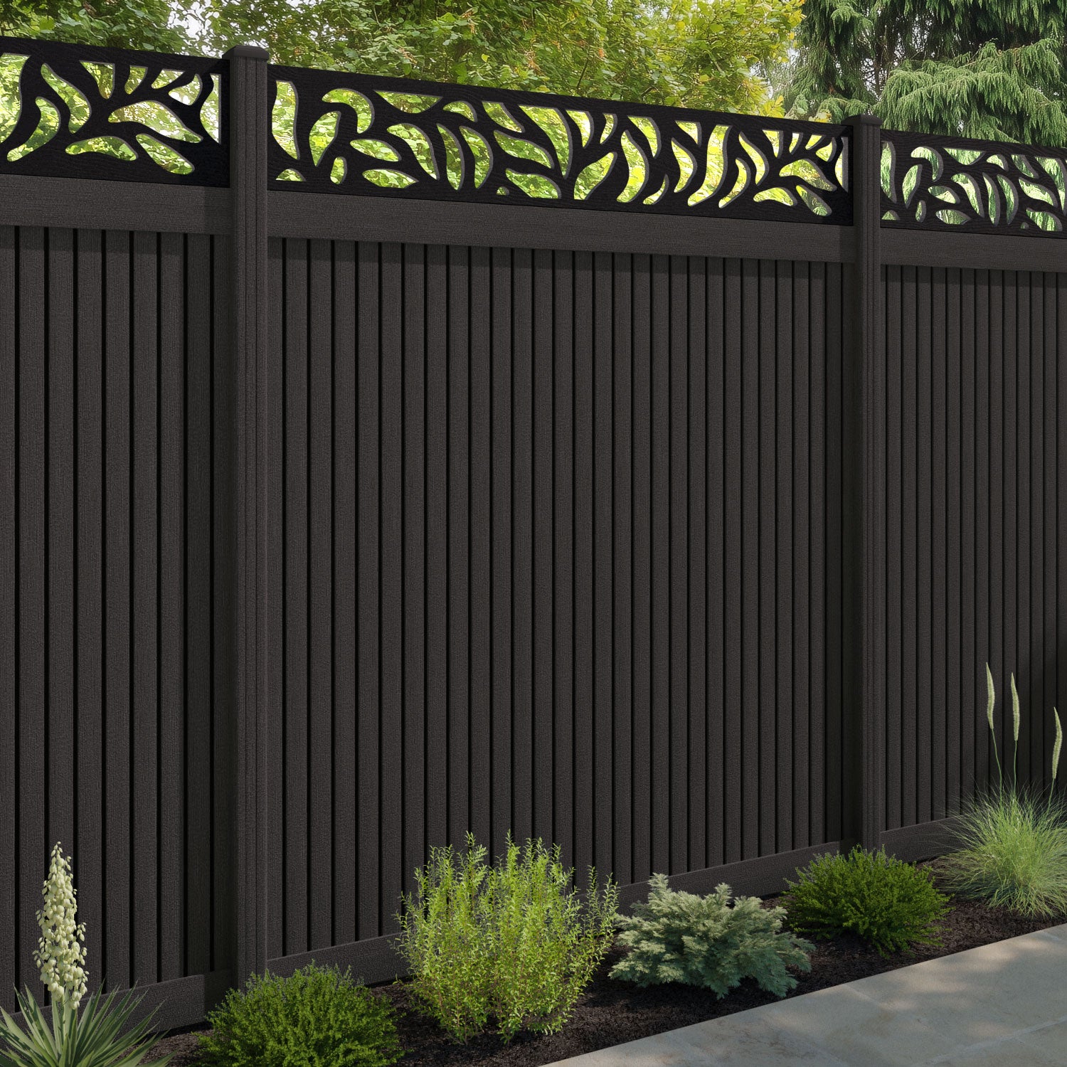 Virtis Plume Fence Panel - Dark Oak - with our composite posts