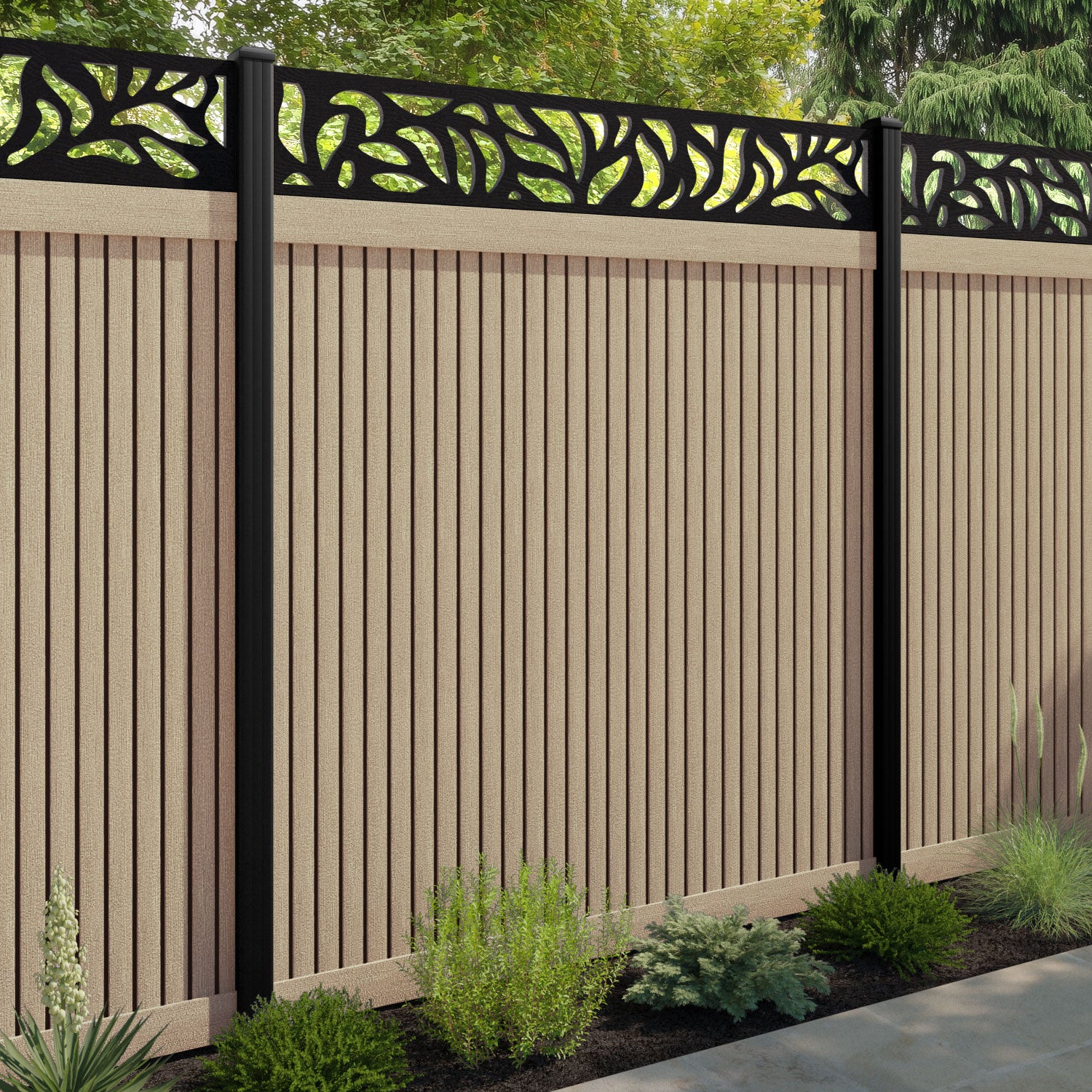 Virtis Plume Fence Panel - Light Oak - with our aluminium posts