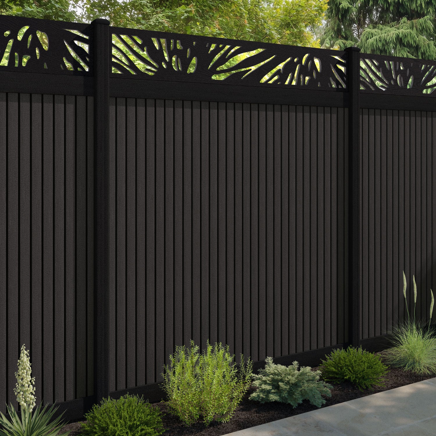 Virtis Poppy Fence Panel - Dark Oak - with our aluminium posts