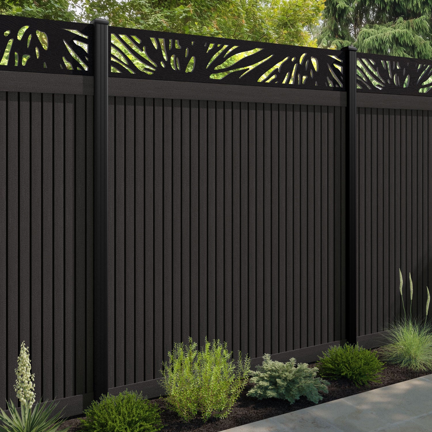 Virtis Poppy Fence Panel - Dark Oak - with our aluminium posts