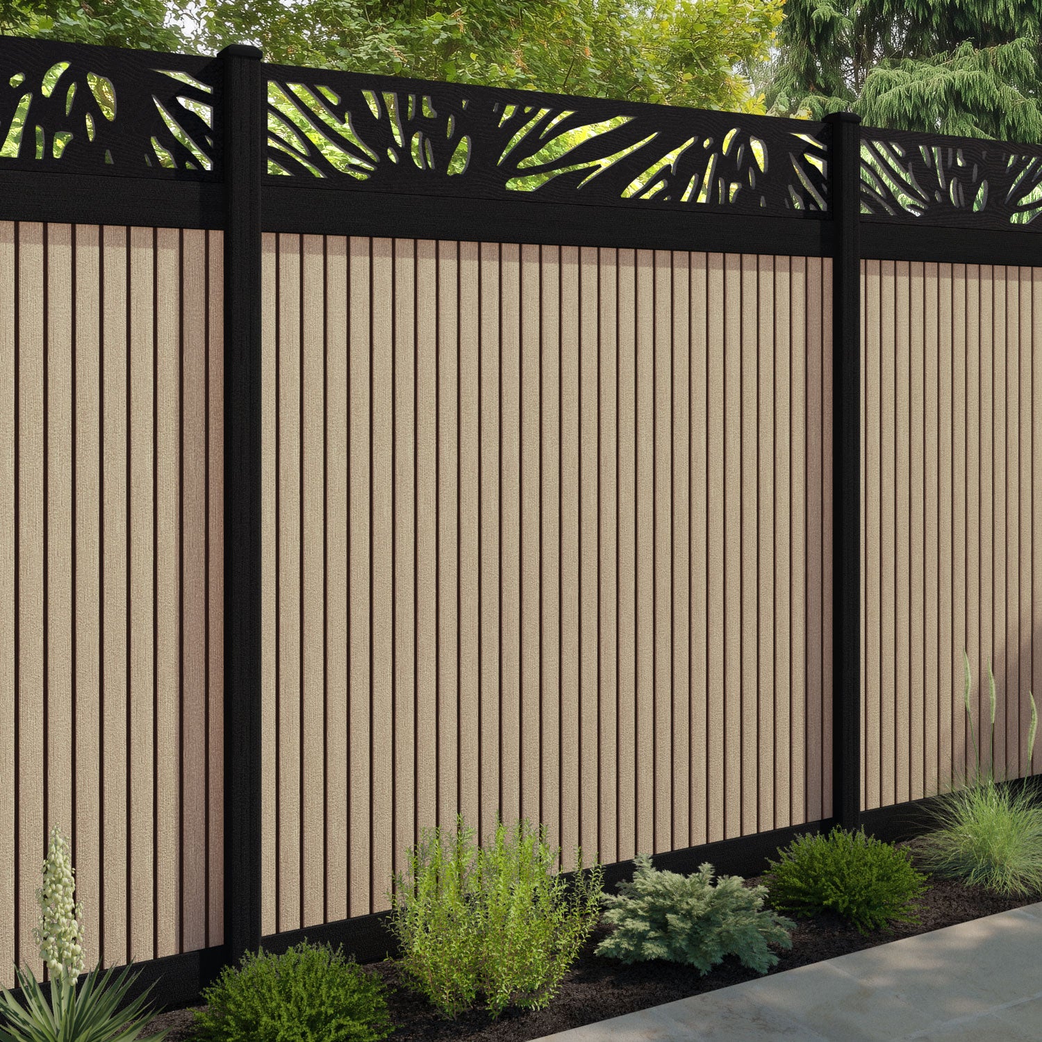 Virtis Poppy Fence Panel - Light Oak - with our aluminium posts